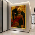 Elegant Woman in Red Dress with Black Panther Canvas, Glamour Portrait Wall Art, Luxury Fashion Illustration, Decorative Ready To Hang,