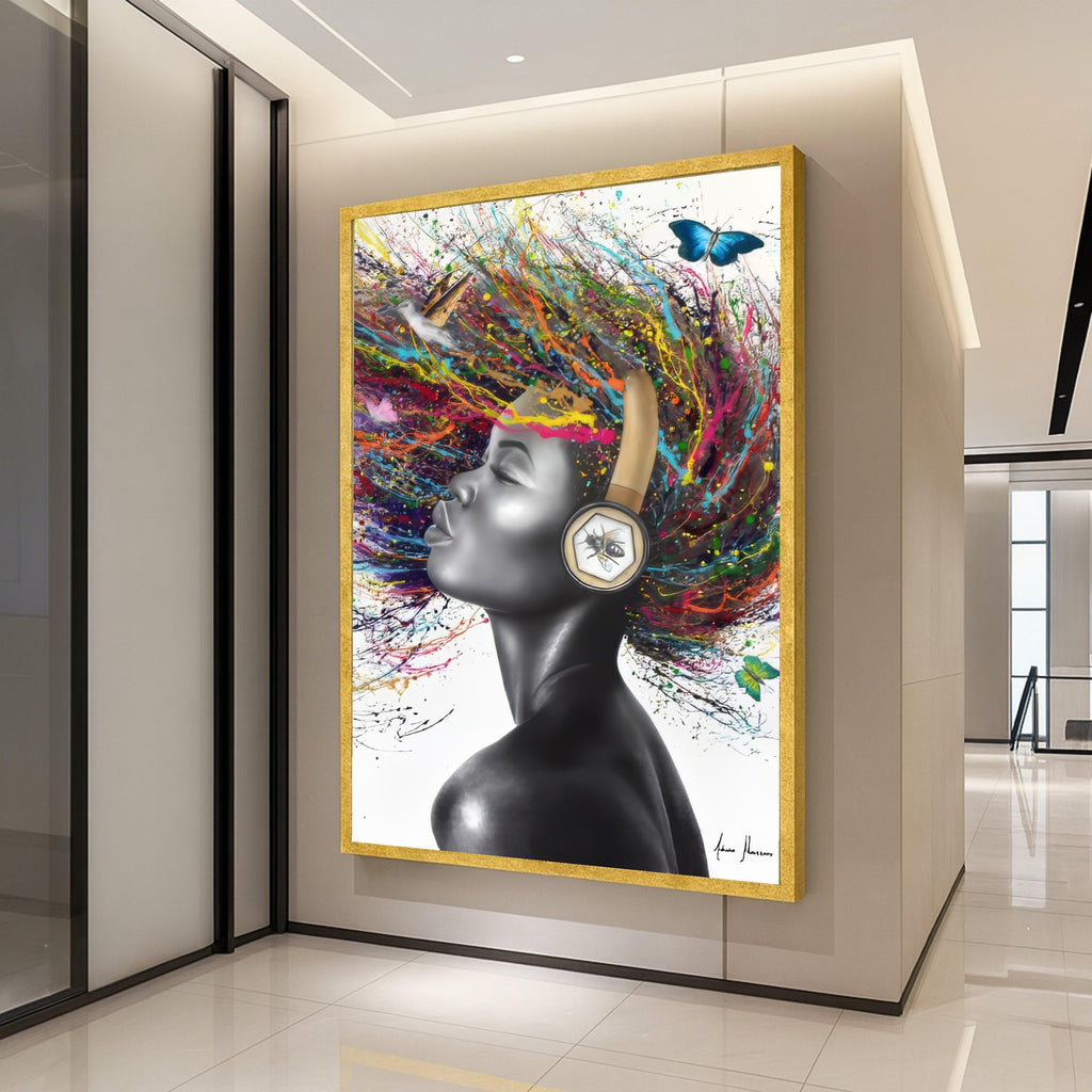 Vibrant Afro Woman Canvas Art, Color Splash Hair, Modern Portrait Wall Art, Headphones Abstract Painting, Contemporary Home Ready To Hang,