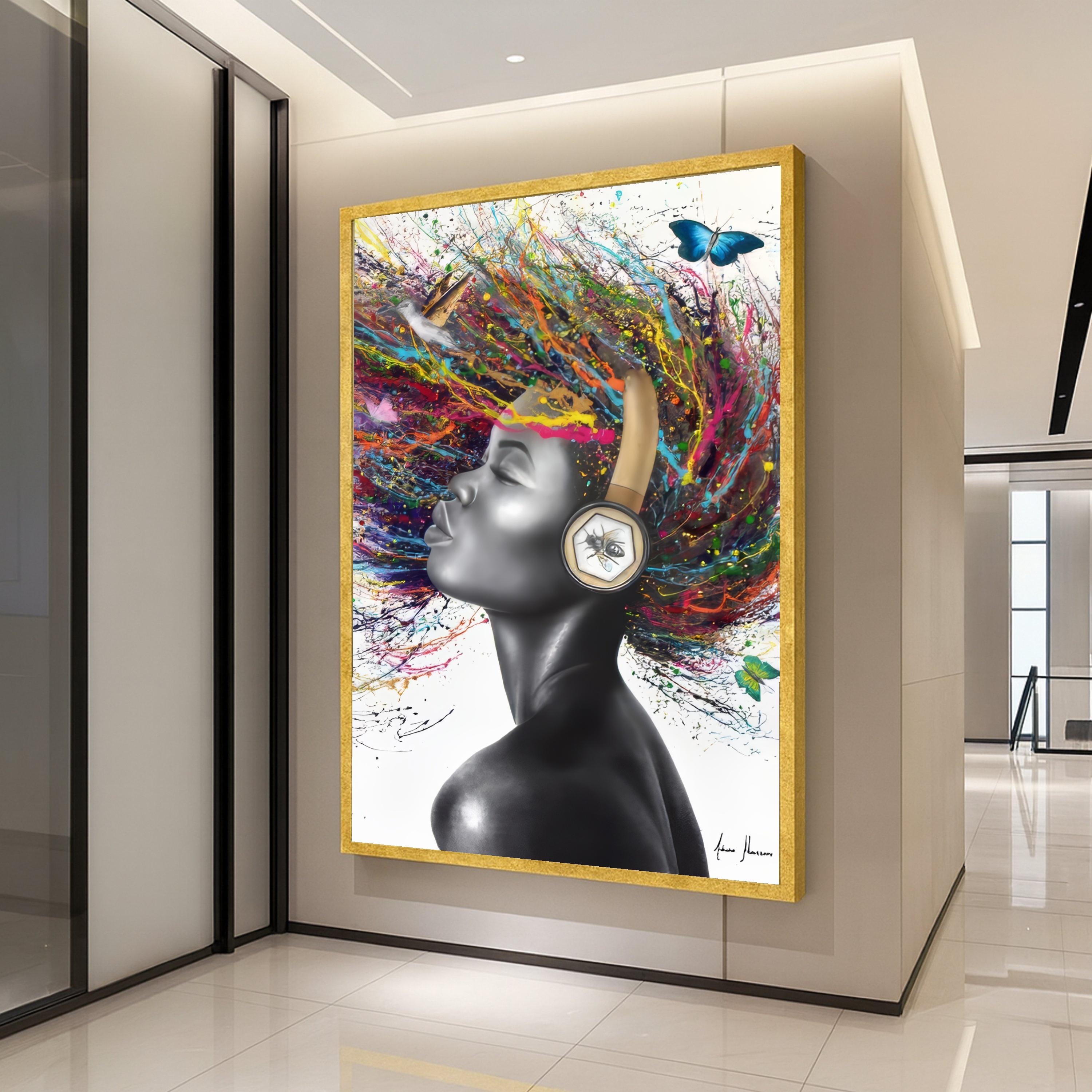 Vibrant Afro Woman Canvas Art, Color Splash Hair, Modern Portrait Wall Art, Headphones Abstract Painting, Contemporary Home Ready To Hang,