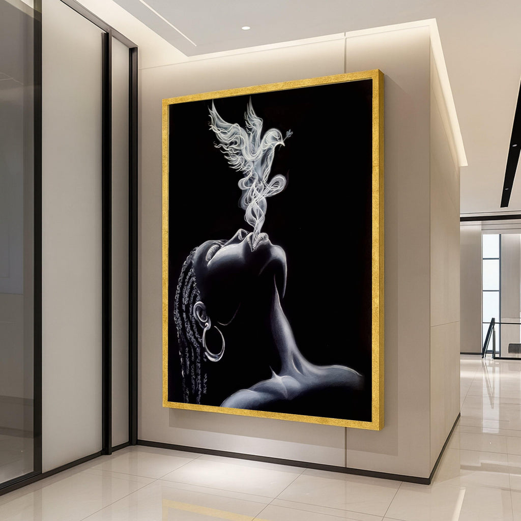 Ethereal Smoke Art, Woman Portrait Canvas, Dove Smoke Design, Black and White Wall Art, Modern Canvas Decor, Spiritual Home Ready To Hang,