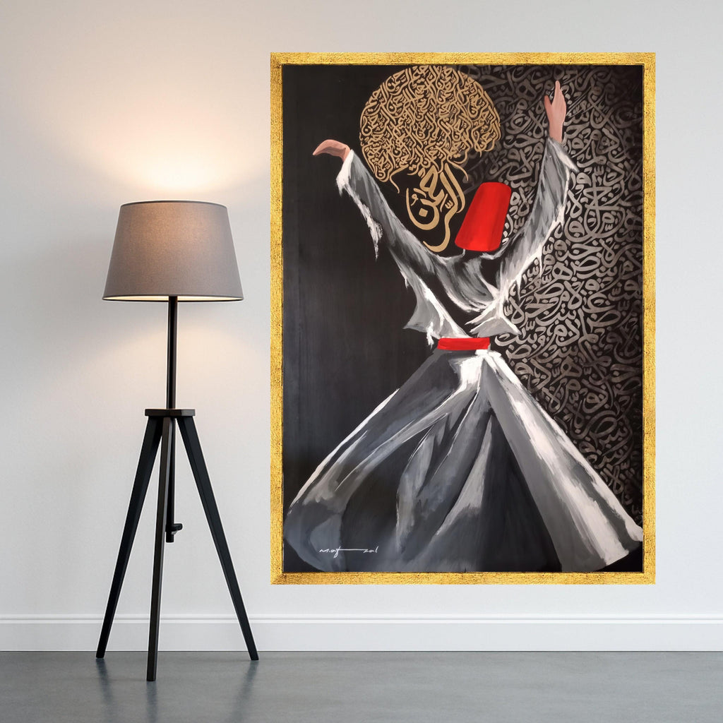 Whirling Dervish Dance Canvas, Sufi Spiritual Art, Islamic Calligraphy Wall Decor, Modern Middle Eastern Canvas, Rotating Ready To Hang,