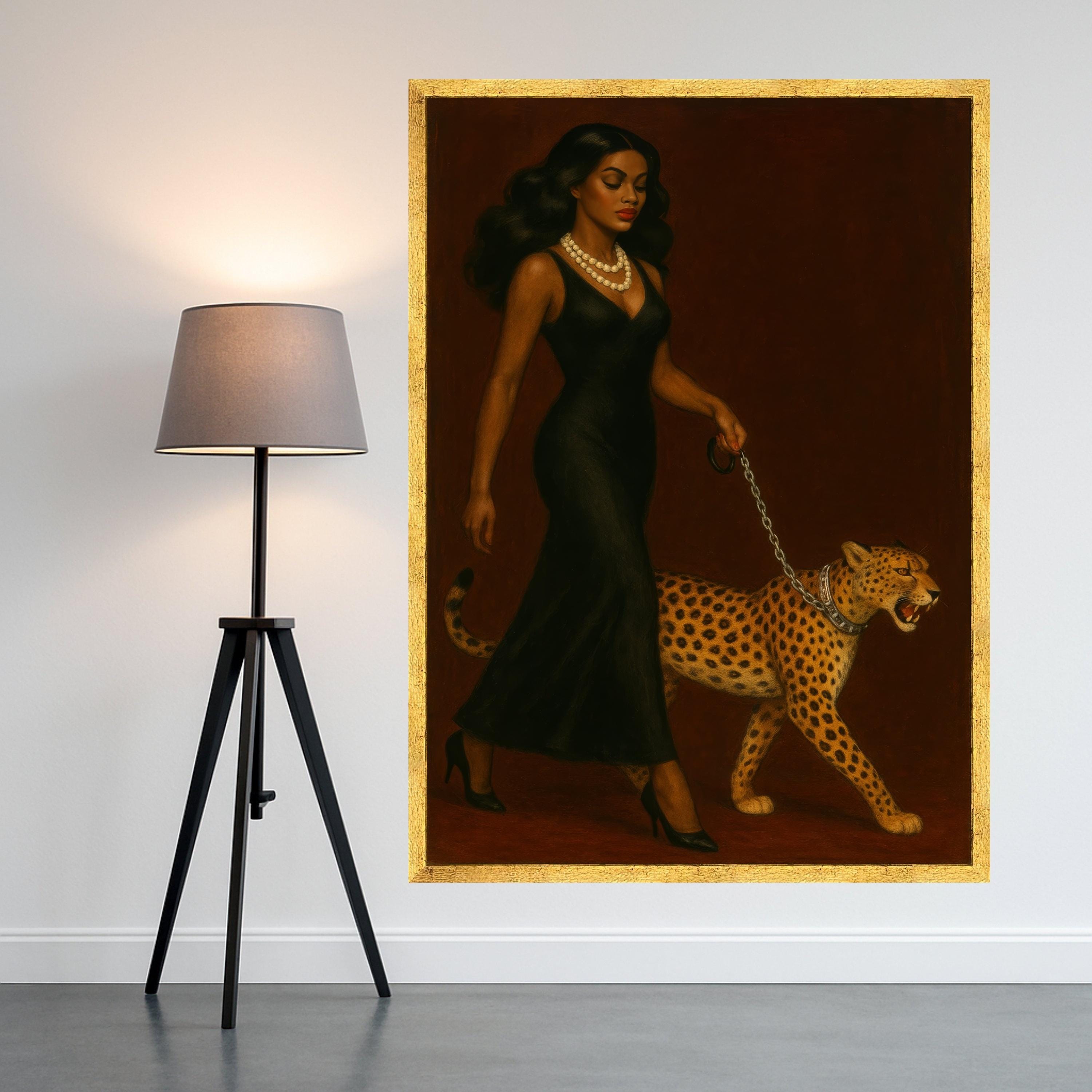 Elegant Woman in Black Dress with Cheetah Canvas, Powerful Animal Companion Wall Art, Chic Fashion Portrait Canvas, Modern Ready To Hang,