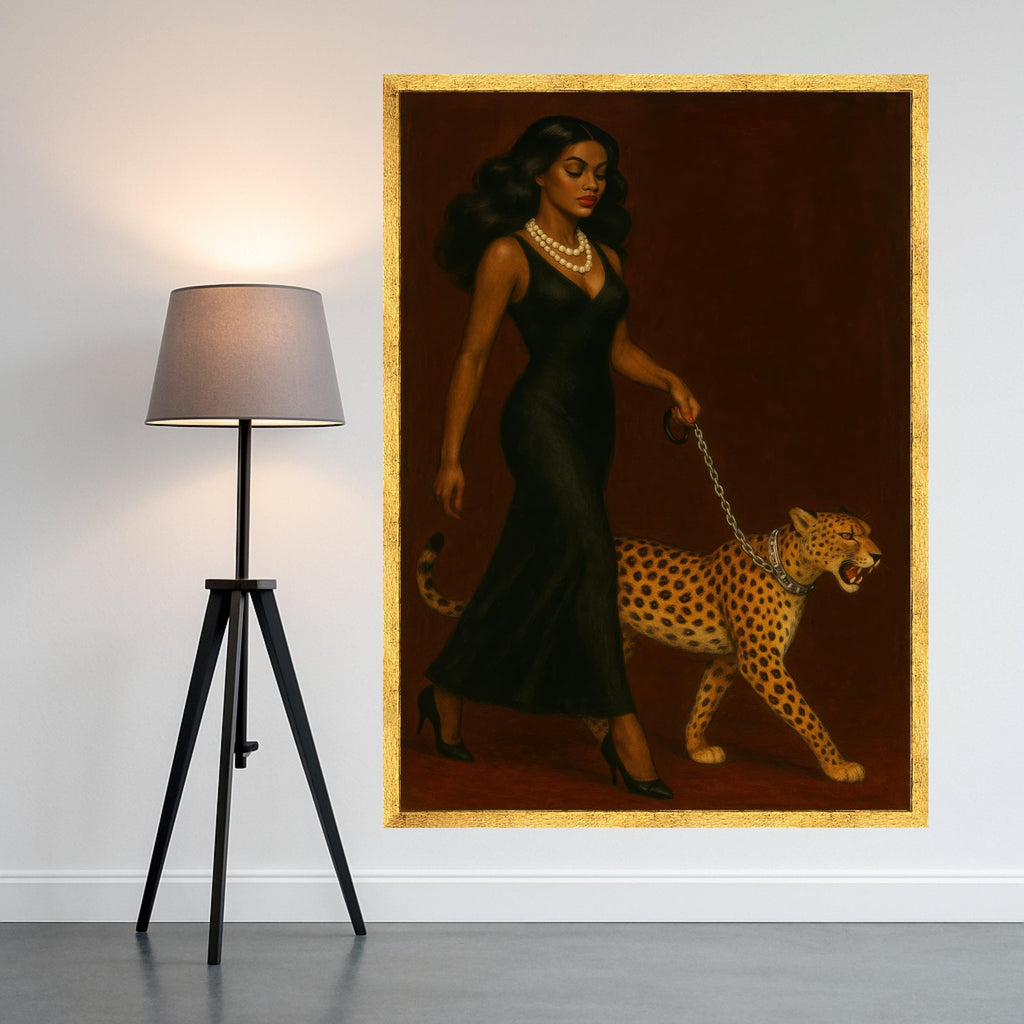 Elegant Woman in Black Dress with Cheetah Canvas, Powerful Animal Companion Wall Art, Chic Fashion Portrait Canvas, Modern Ready To Hang,