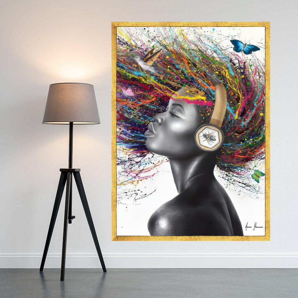 Vibrant Afro Woman Canvas Art, Color Splash Hair, Modern Portrait Wall Art, Headphones Abstract Painting, Contemporary Home Ready To Hang,