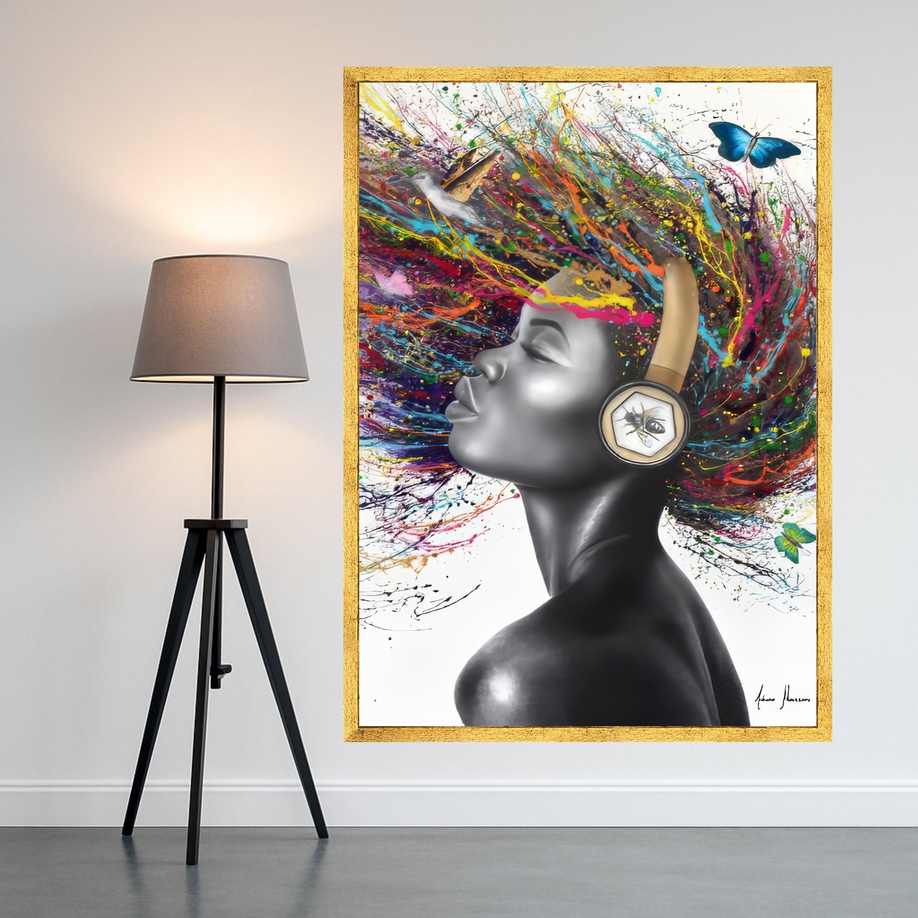Vibrant Afro Woman Canvas Art, Color Splash Hair, Modern Portrait Wall Art, Headphones Abstract Painting, Contemporary Home Ready To Hang,
