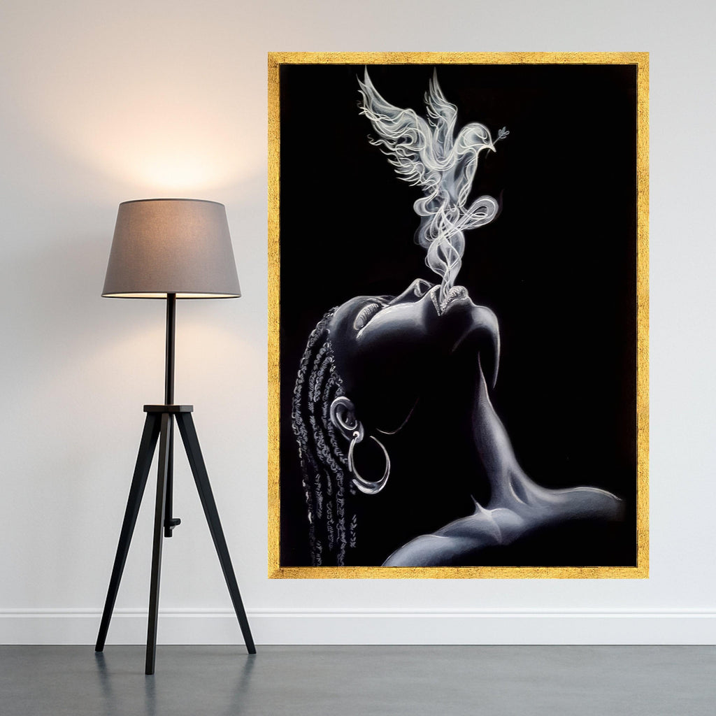 Ethereal Smoke Art, Woman Portrait Canvas, Dove Smoke Design, Black and White Wall Art, Modern Canvas Decor, Spiritual Home Ready To Hang,