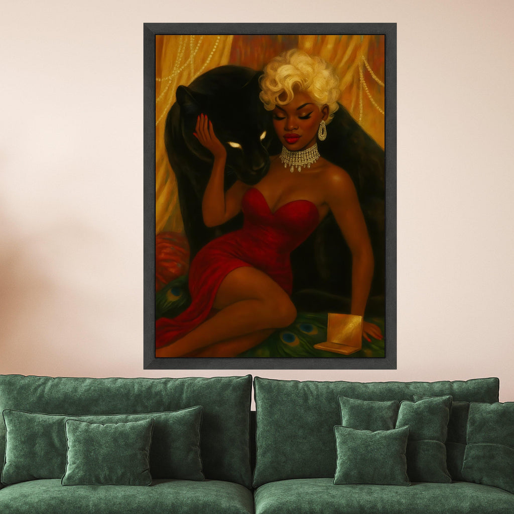 Elegant Woman in Red Dress with Black Panther Canvas, Glamour Portrait Wall Art, Luxury Fashion Illustration, Decorative Ready To Hang,