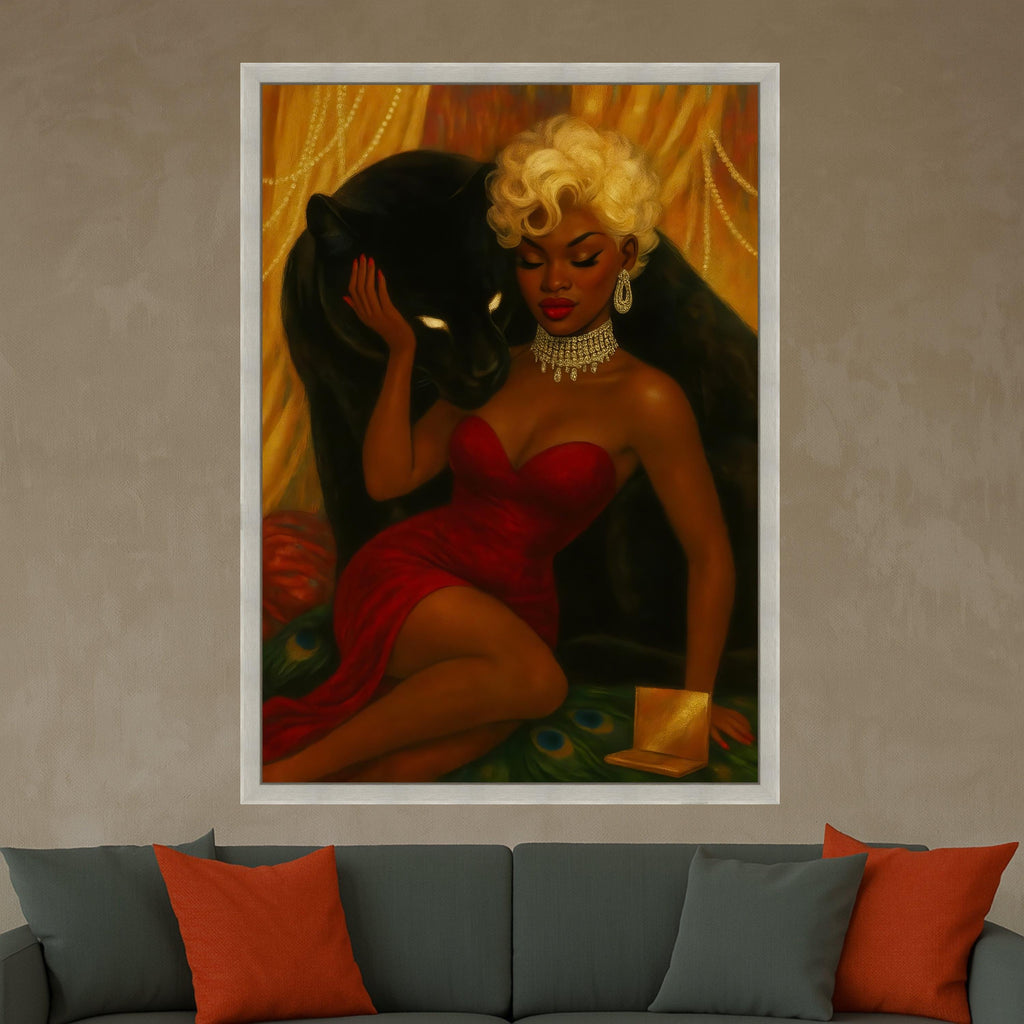Elegant Woman in Red Dress with Black Panther Canvas, Glamour Portrait Wall Art, Luxury Fashion Illustration, Decorative Ready To Hang,