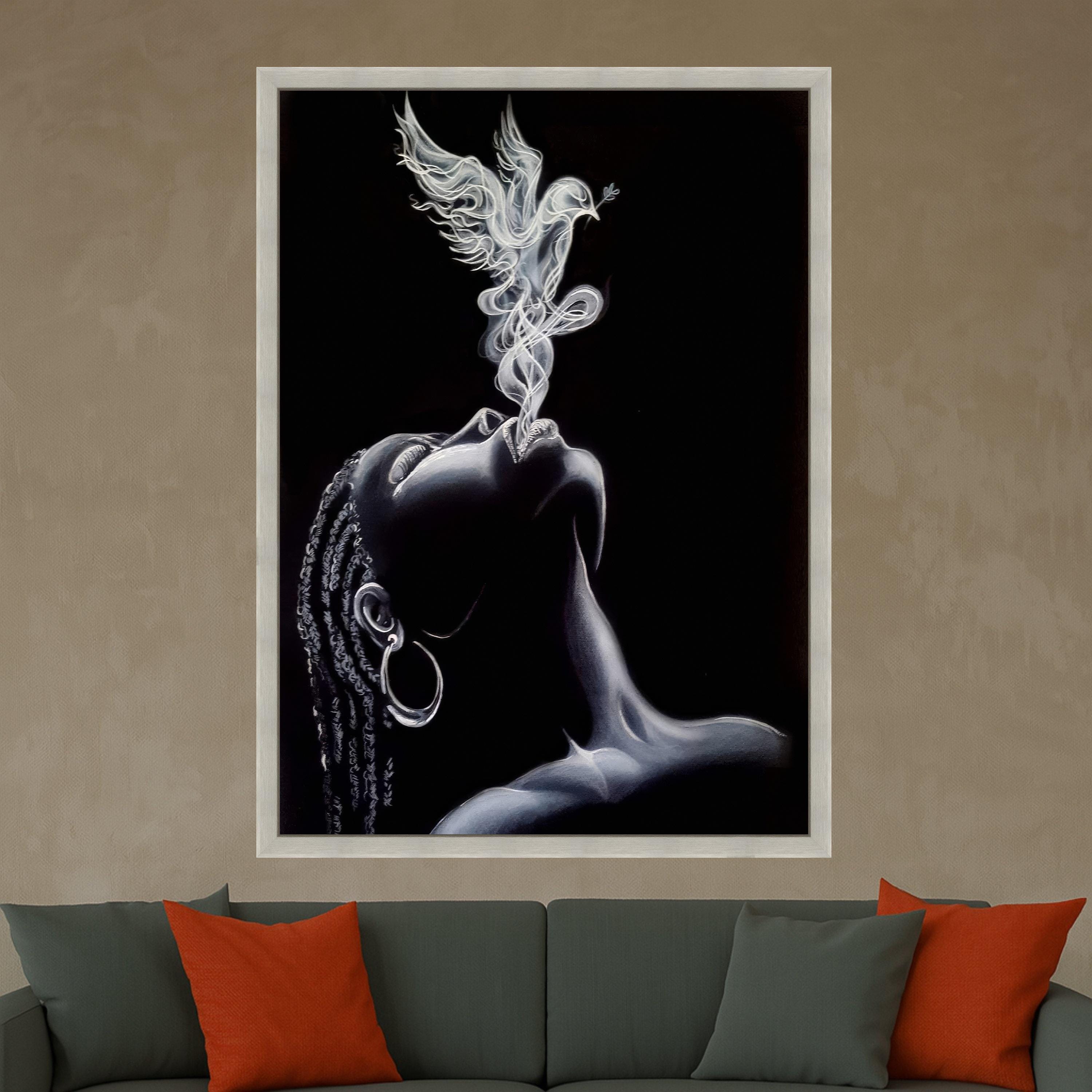 Ethereal Smoke Art, Woman Portrait Canvas, Dove Smoke Design, Black and White Wall Art, Modern Canvas Decor, Spiritual Home Ready To Hang,