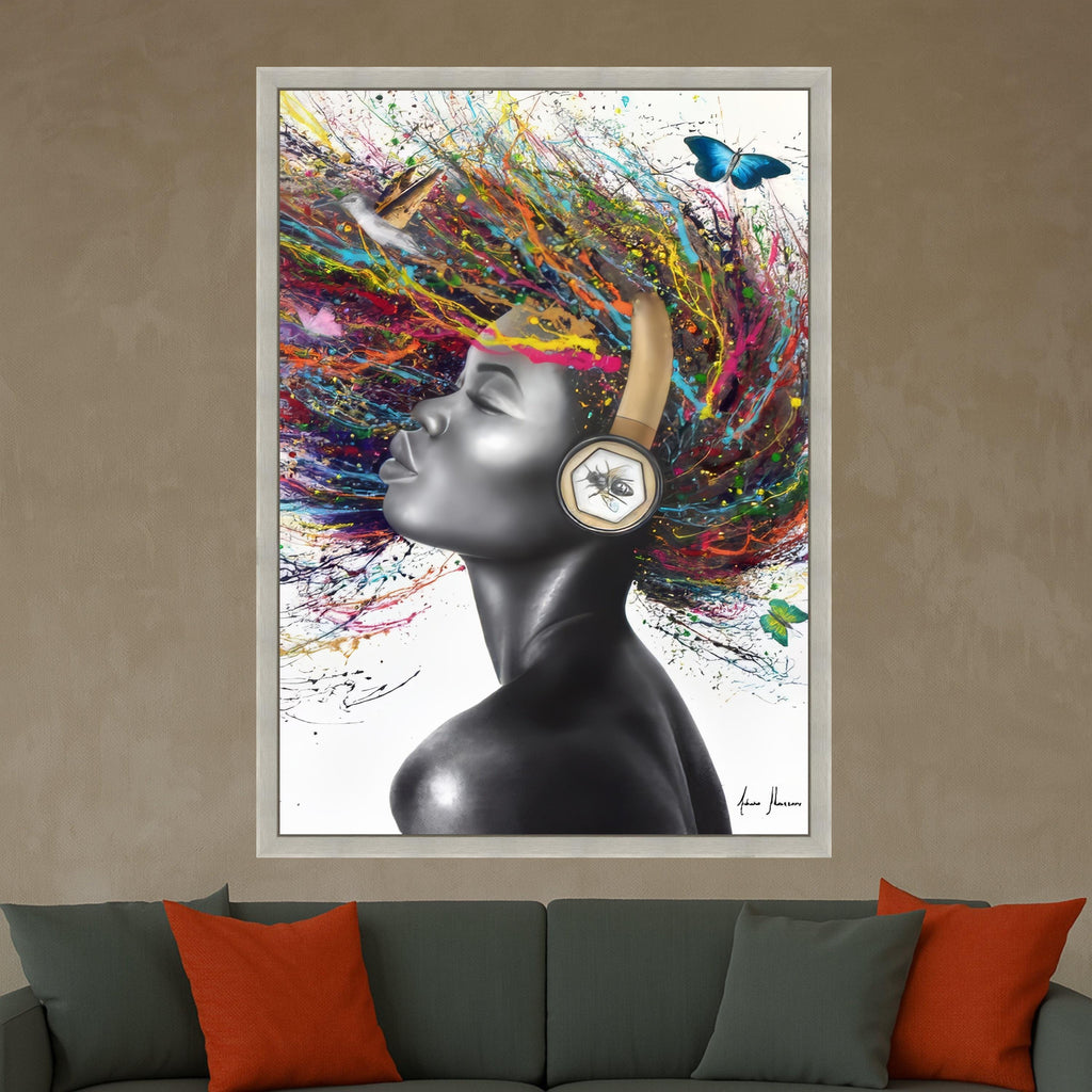 Vibrant Afro Woman Canvas Art, Color Splash Hair, Modern Portrait Wall Art, Headphones Abstract Painting, Contemporary Home Ready To Hang,