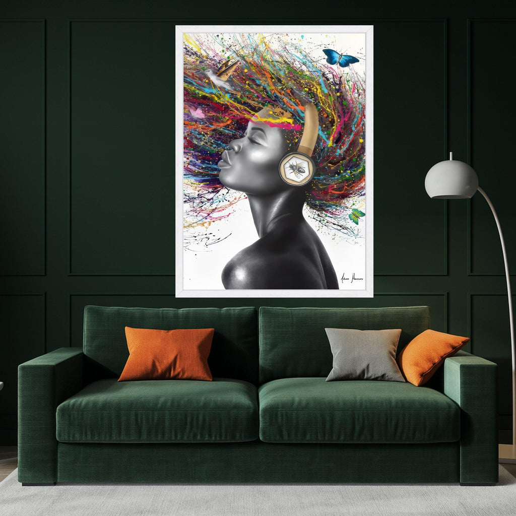 Vibrant Afro Woman Canvas Art, Color Splash Hair, Modern Portrait Wall Art, Headphones Abstract Painting, Contemporary Home Ready To Hang,