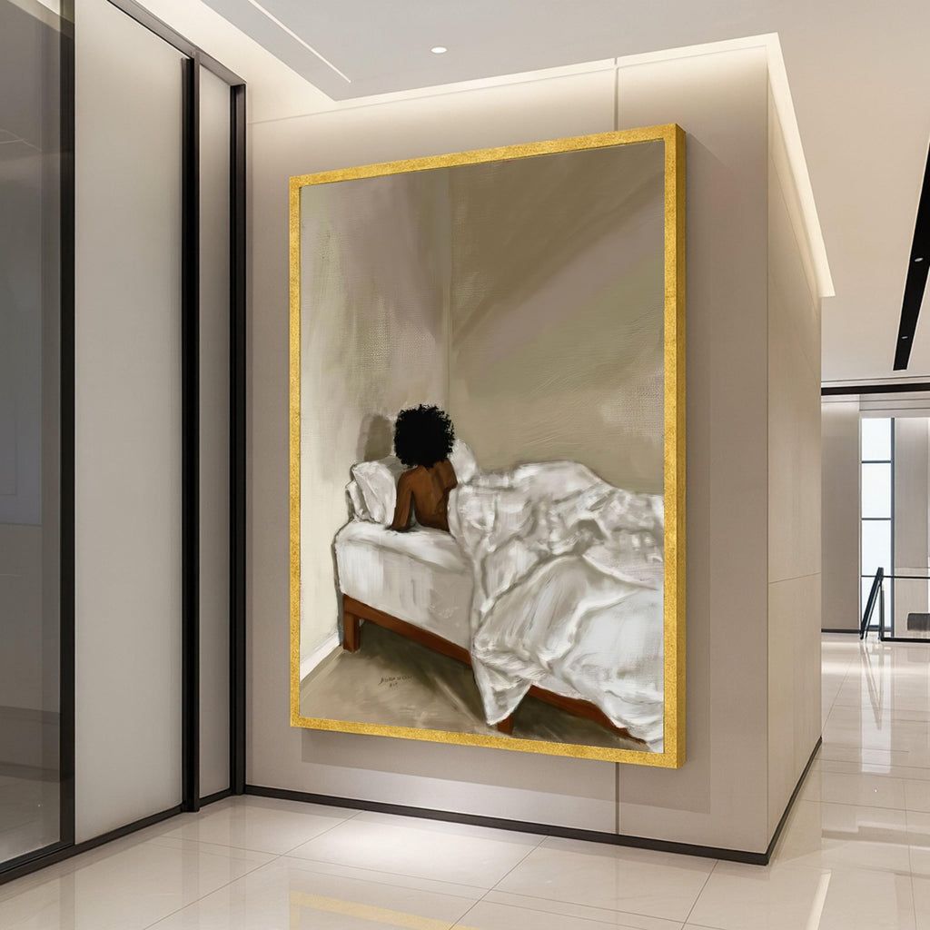 Quiet Morning Solitude, Minimalist Bedroom Canvas, Afro Woman Wall Art, Contemporary Bedroom Decor, Relaxing Home Canvas Art Ready To Hang,