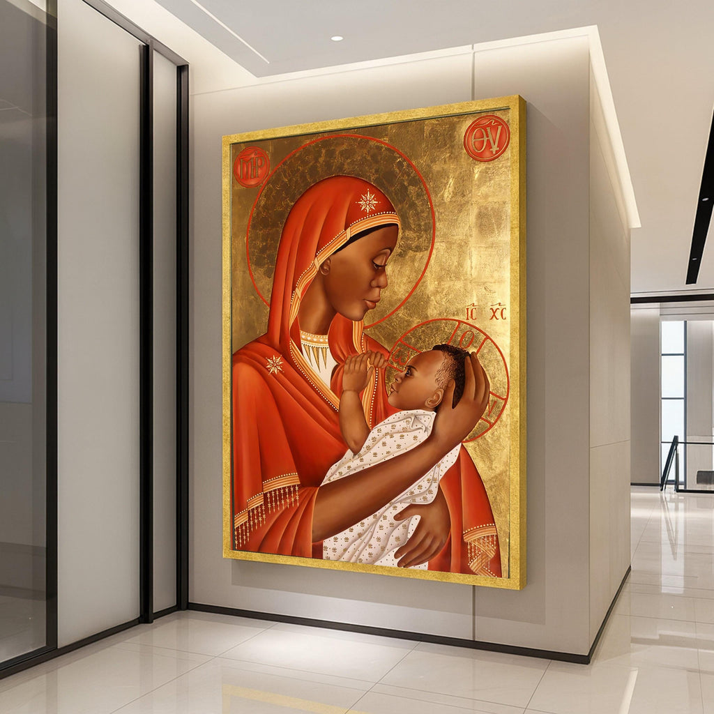 African Madonna and Child Canvas Wall Art, Religious Icon Painting, Sacred Mother and Baby Canvas, Spiritual Home Decor, Warm Ready To Hang,