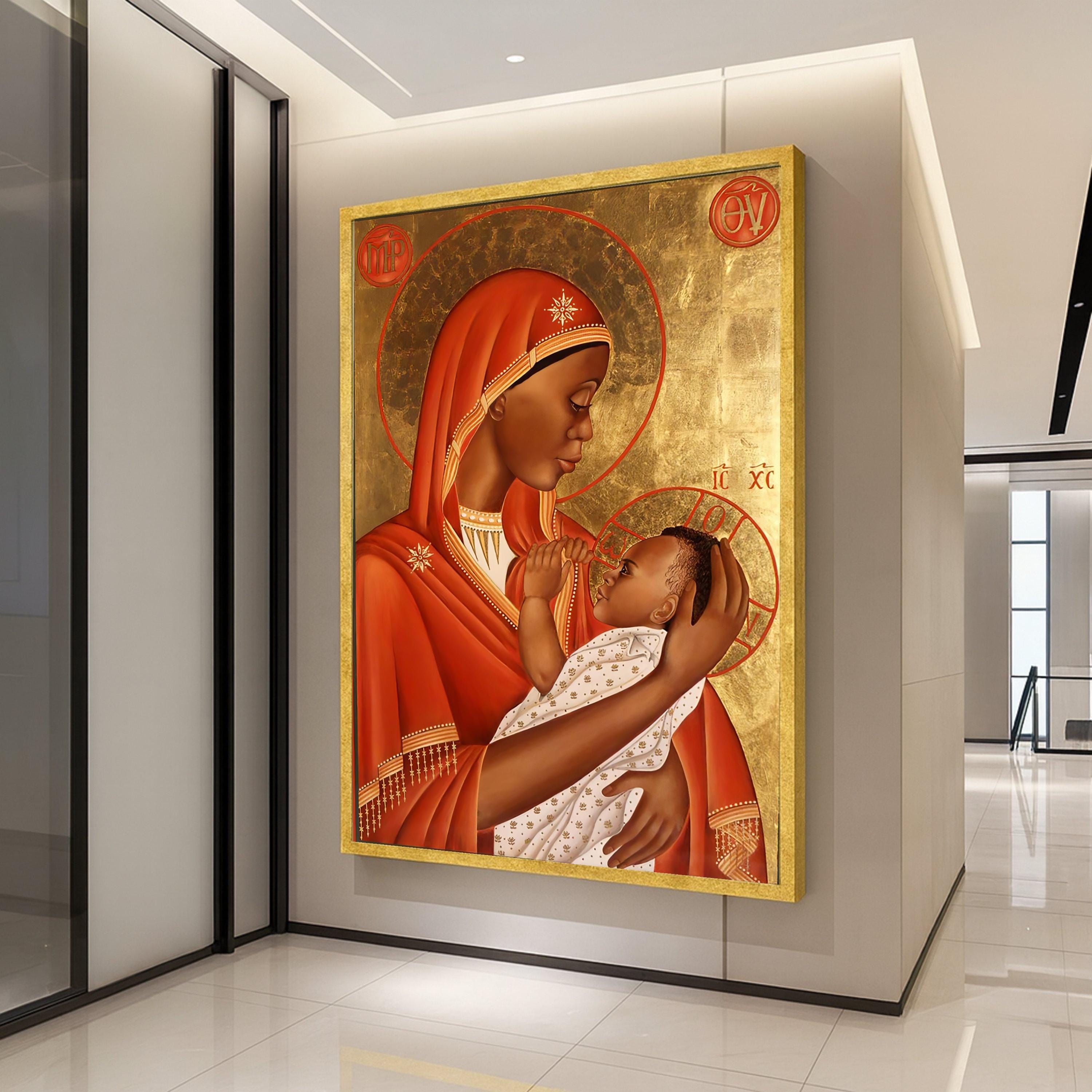 African Madonna and Child Canvas Wall Art, Religious Icon Painting, Sacred Mother and Baby Canvas, Spiritual Home Decor, Warm Ready To Hang,
