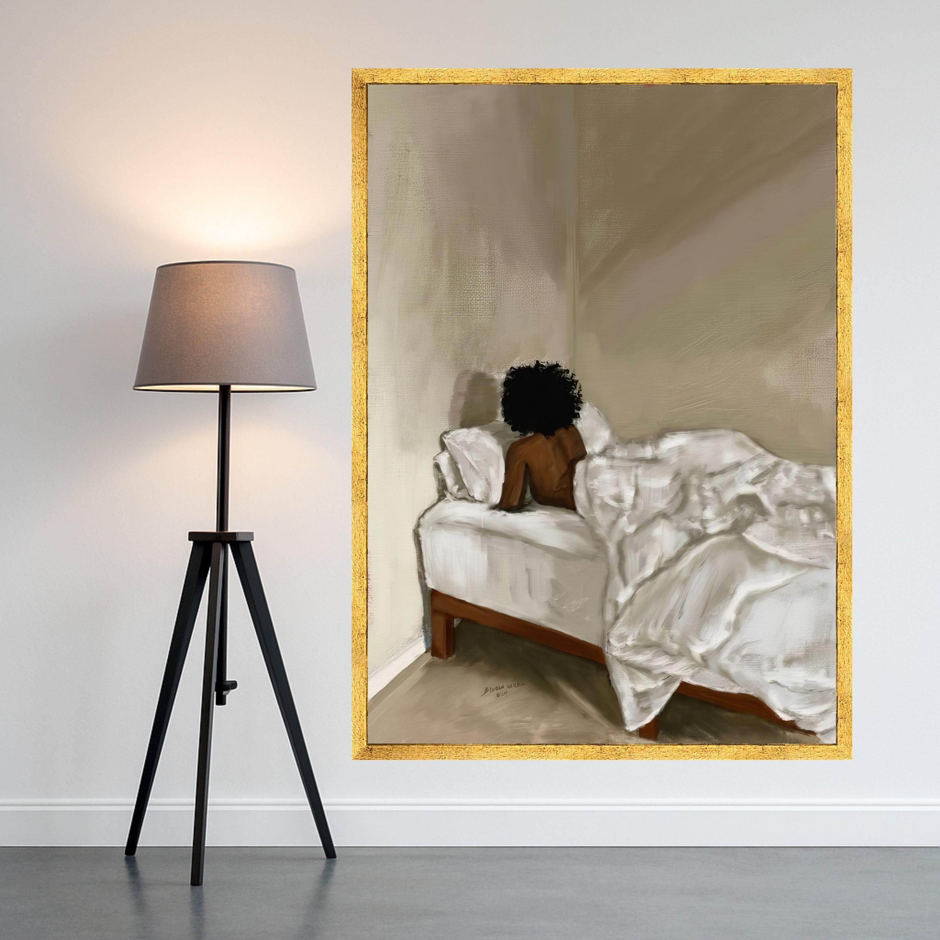 Quiet Morning Solitude, Minimalist Bedroom Canvas, Afro Woman Wall Art, Contemporary Bedroom Decor, Relaxing Home Canvas Art Ready To Hang,