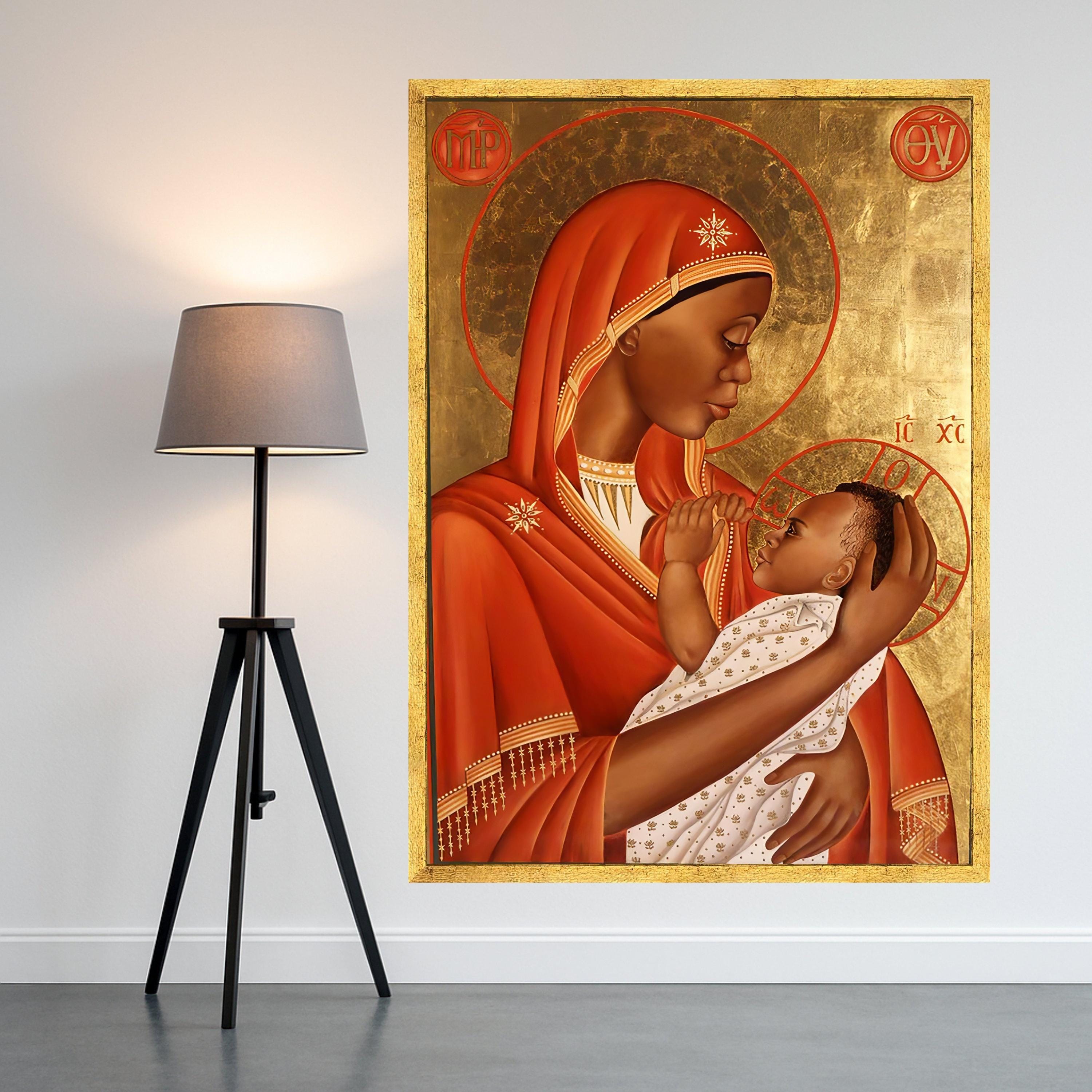 African Madonna and Child Canvas Wall Art, Religious Icon Painting, Sacred Mother and Baby Canvas, Spiritual Home Decor, Warm Ready To Hang,