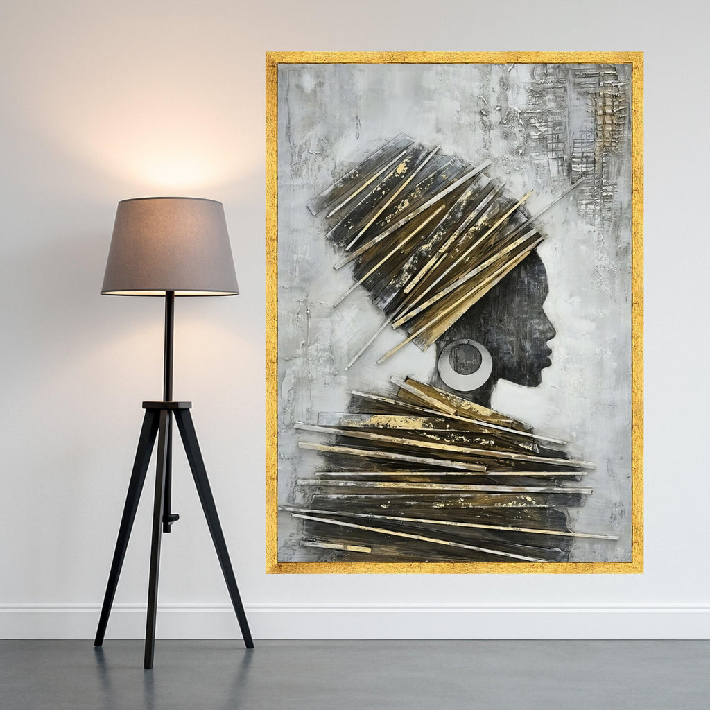Elegant African Woman Profile Canvas, Wall Art, Modern Ethnic Portrait, Gold and Gray Home Decor, Contemporary Canvas Art Ready To Hang,