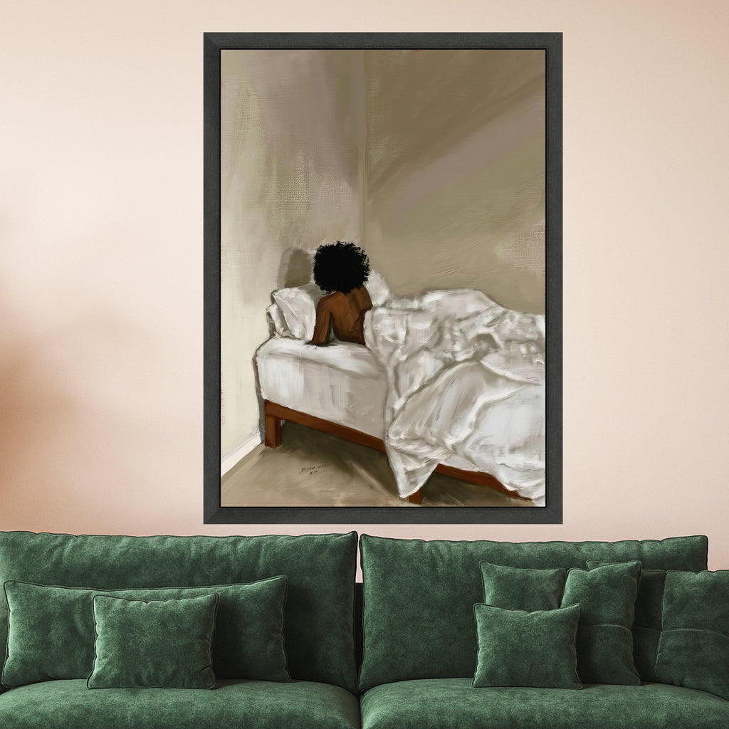Quiet Morning Solitude, Minimalist Bedroom Canvas, Afro Woman Wall Art, Contemporary Bedroom Decor, Relaxing Home Canvas Art Ready To Hang,