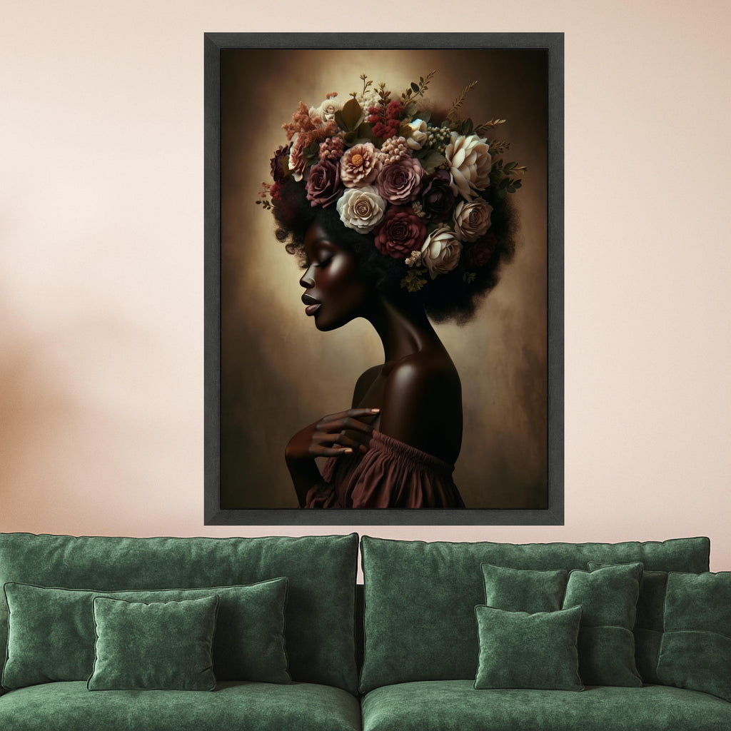 Elegant African Woman Portrait Canvas, Floral Afro Hair Art, Feminine Beauty Wall Decor, Botanical Canvas Art, Modern Home Ready To Hang,
