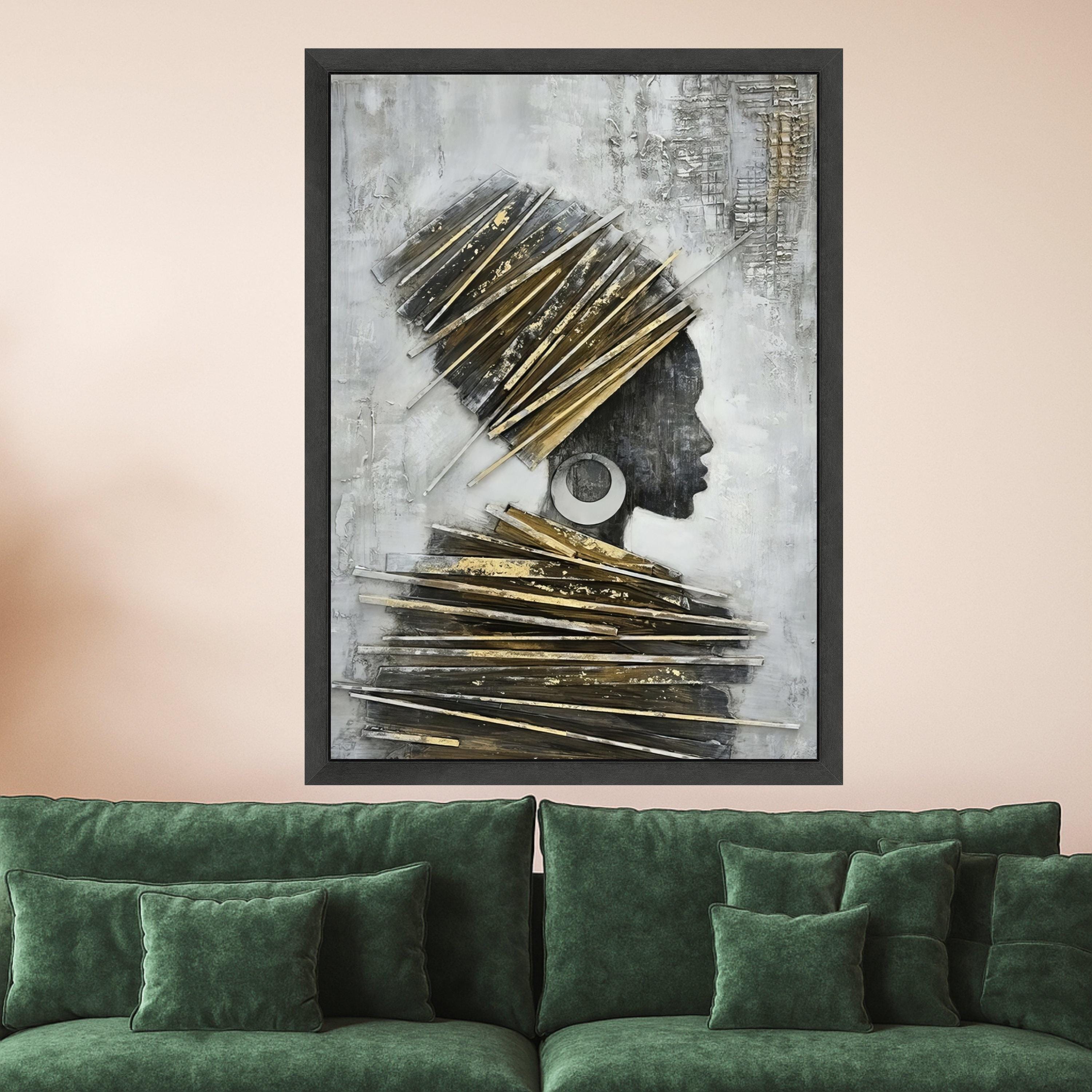 Elegant African Woman Profile Canvas, Wall Art, Modern Ethnic Portrait, Gold and Gray Home Decor, Contemporary Canvas Art Ready To Hang,