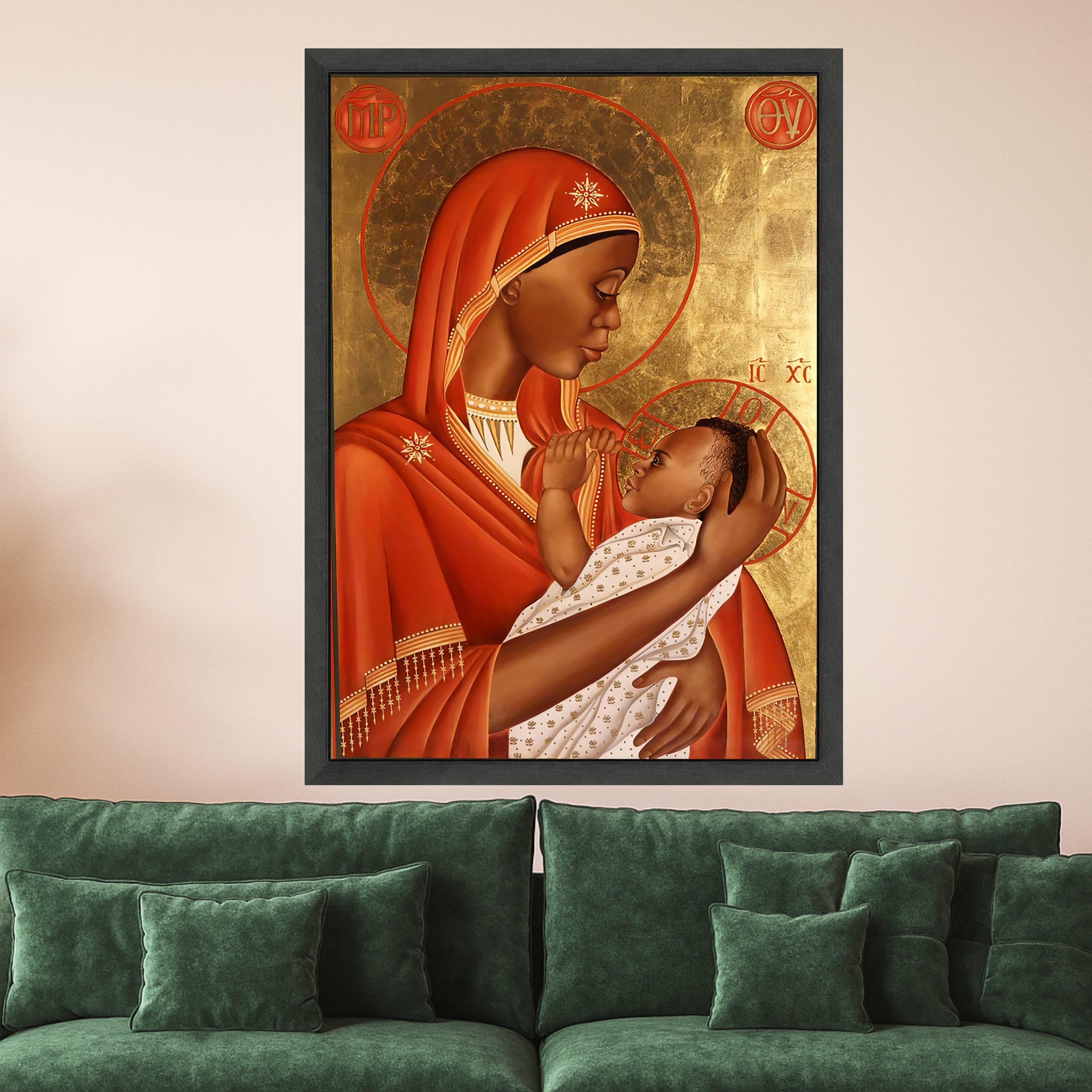 African Madonna and Child Canvas Wall Art, Religious Icon Painting, Sacred Mother and Baby Canvas, Spiritual Home Decor, Warm Ready To Hang,