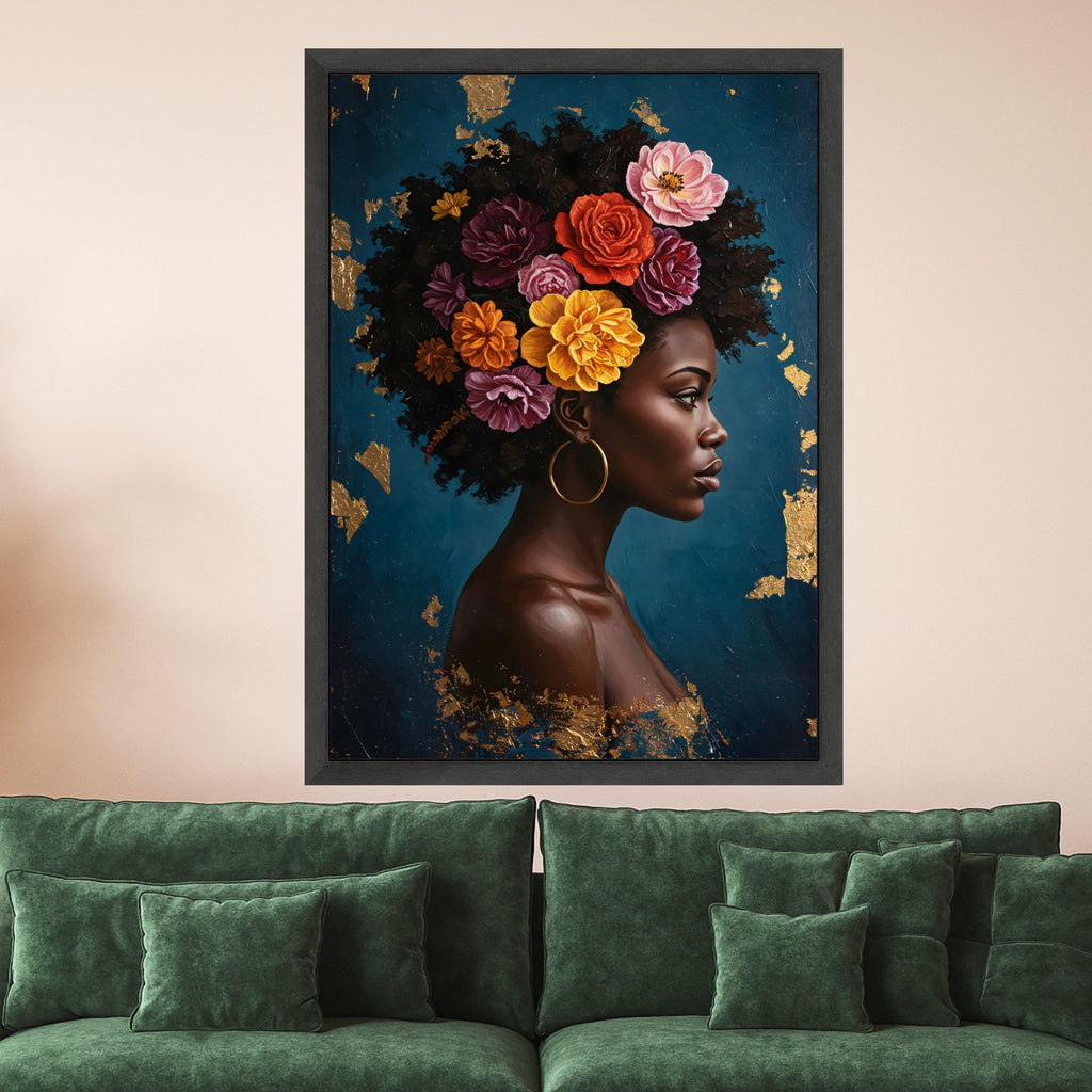 Elegant African Woman Portrait Canvas, Floral Hair Design Wall Art, Modern Figurative Painting, Ethnic Home Decor, Ready to Ready To Hang,