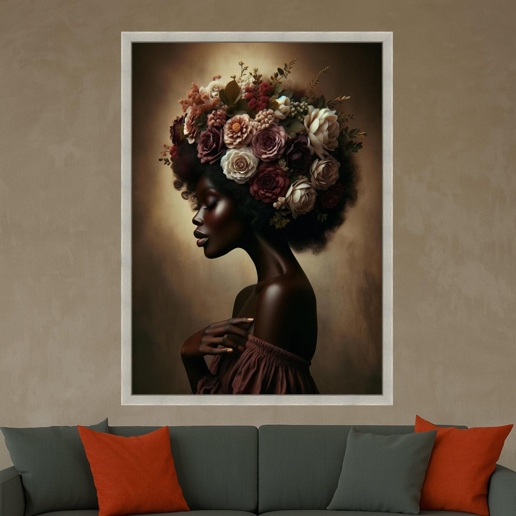 Elegant African Woman Portrait Canvas, Floral Afro Hair Art, Feminine Beauty Wall Decor, Botanical Canvas Art, Modern Home Ready To Hang,