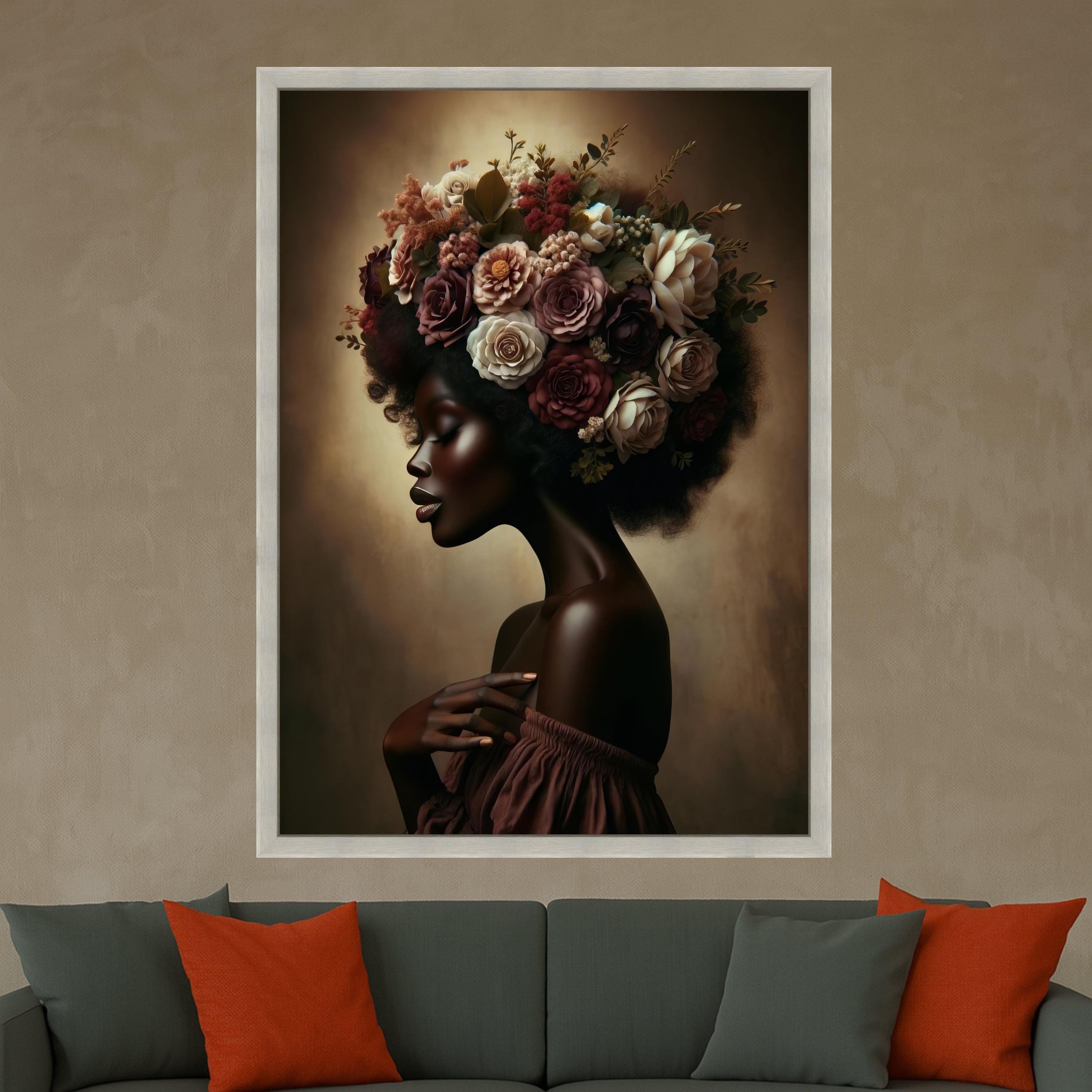 Elegant African Woman Portrait Canvas, Floral Afro Hair Art, Feminine Beauty Wall Decor, Botanical Canvas Art, Modern Home Ready To Hang,