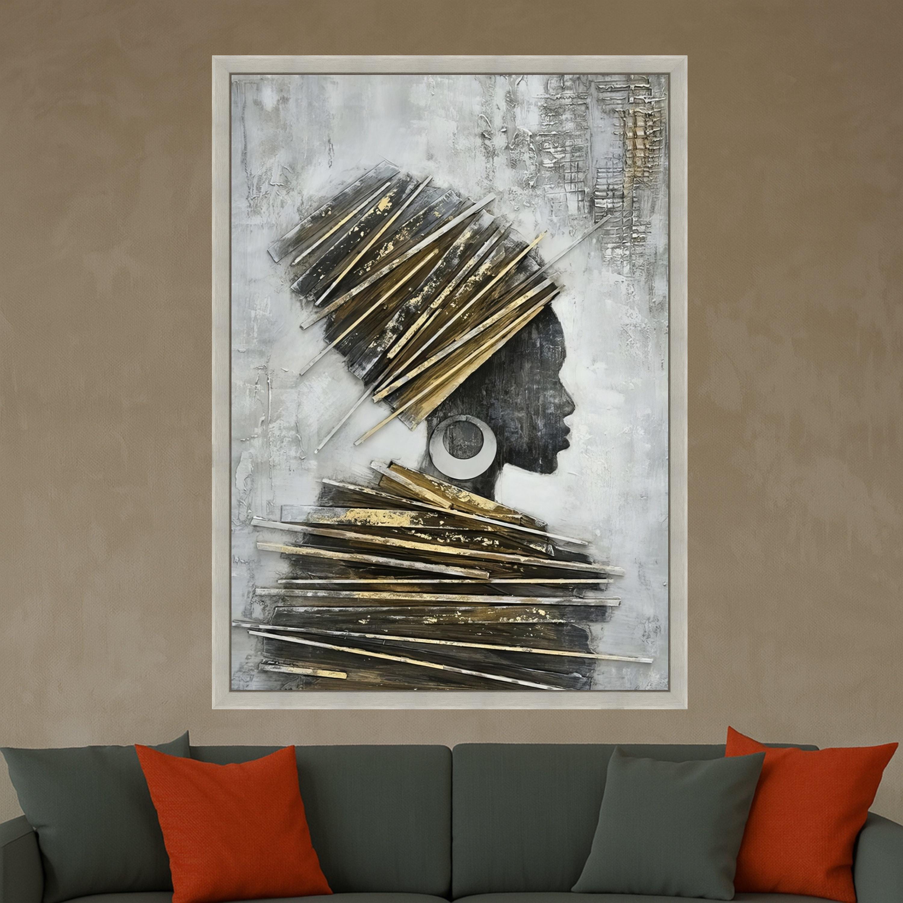 Elegant African Woman Profile Canvas, Wall Art, Modern Ethnic Portrait, Gold and Gray Home Decor, Contemporary Canvas Art Ready To Hang,