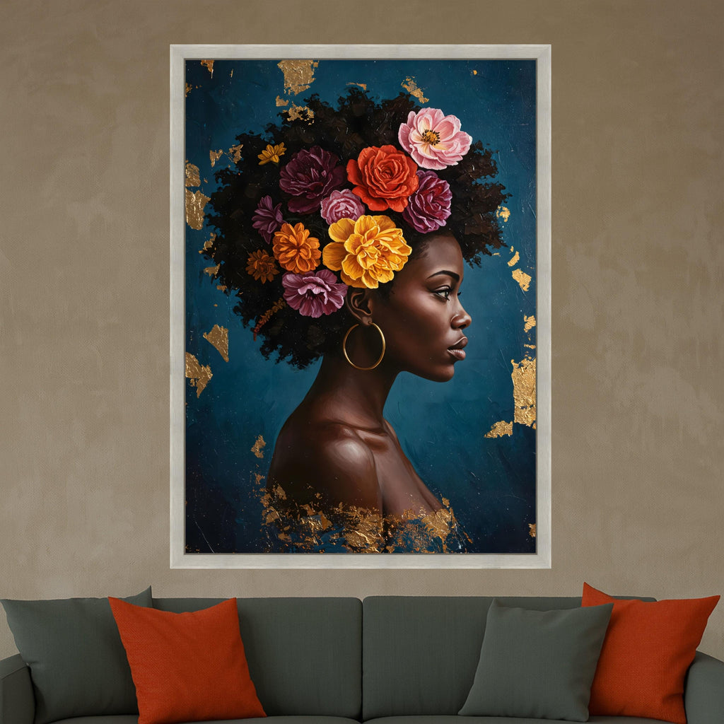 Elegant African Woman Portrait Canvas, Floral Hair Design Wall Art, Modern Figurative Painting, Ethnic Home Decor, Ready to Ready To Hang,