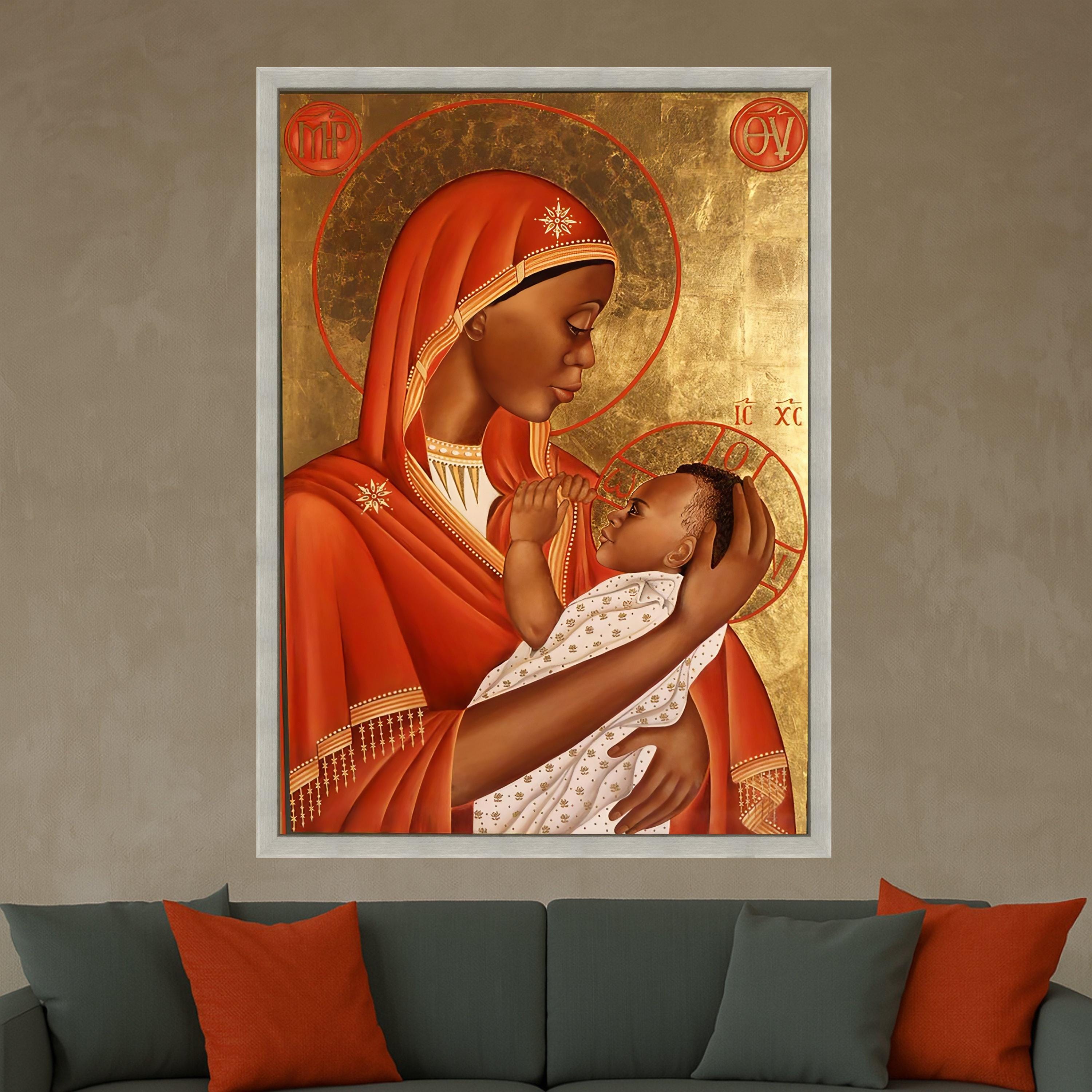 African Madonna and Child Canvas Wall Art, Religious Icon Painting, Sacred Mother and Baby Canvas, Spiritual Home Decor, Warm Ready To Hang,