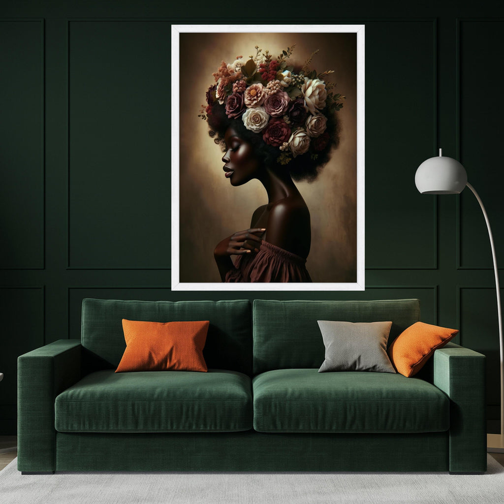 Elegant African Woman Portrait Canvas, Floral Afro Hair Art, Feminine Beauty Wall Decor, Botanical Canvas Art, Modern Home Ready To Hang,