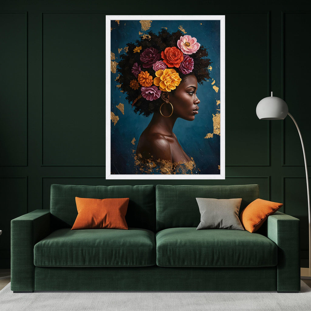 Elegant African Woman Portrait Canvas, Floral Hair Design Wall Art, Modern Figurative Painting, Ethnic Home Decor, Ready to Ready To Hang,