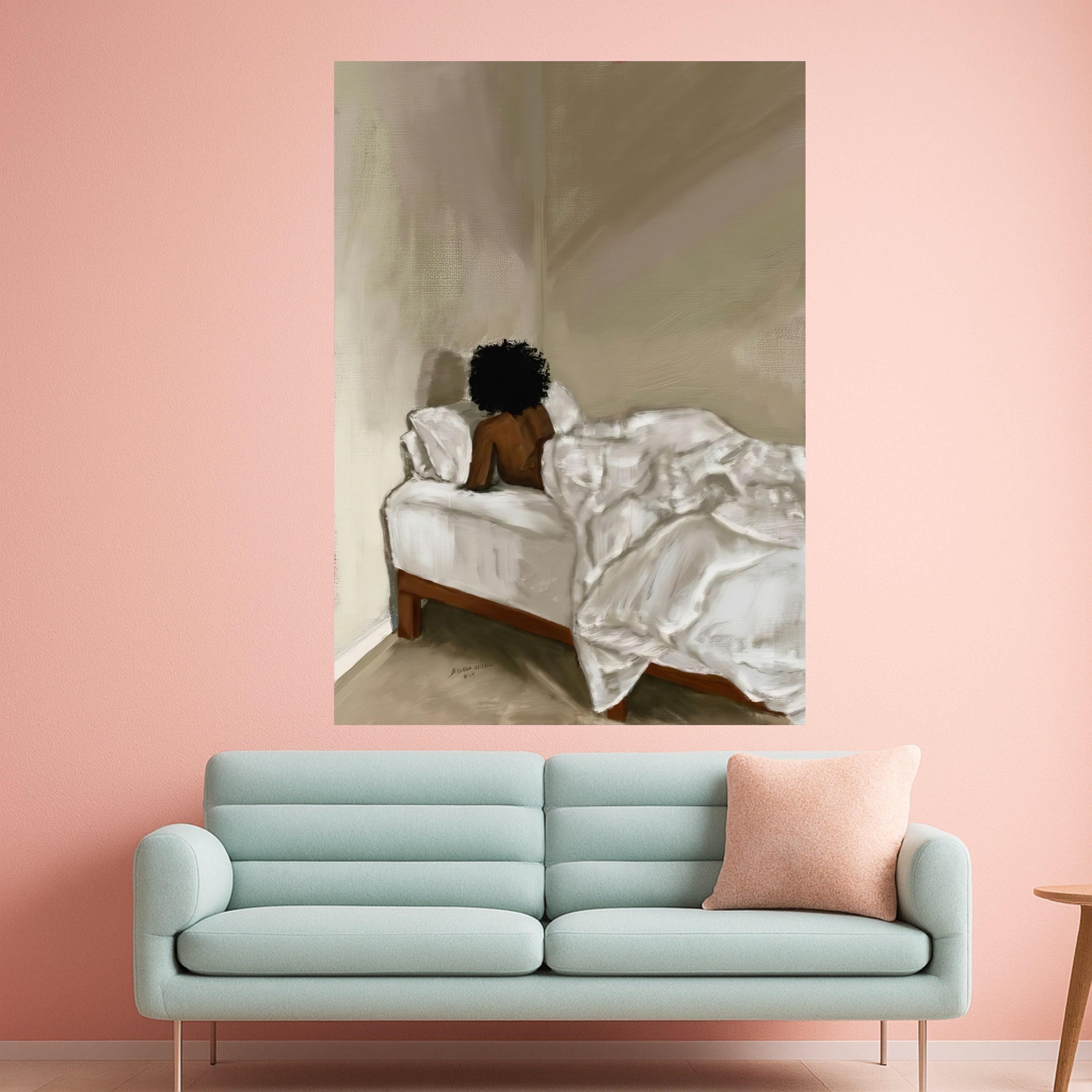 Quiet Morning Solitude, Minimalist Bedroom Canvas, Afro Woman Wall Art, Contemporary Bedroom Decor, Relaxing Home Canvas Art Ready To Hang,