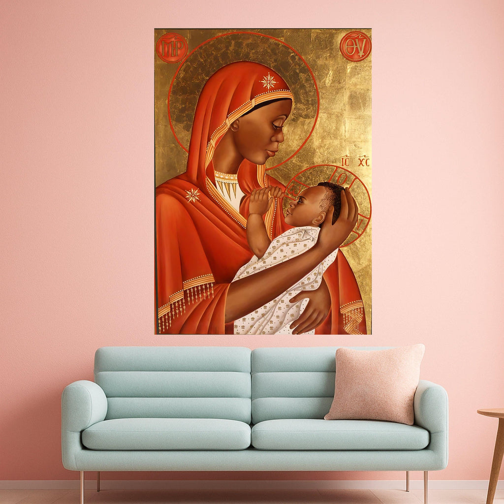 African Madonna and Child Canvas Wall Art, Religious Icon Painting, Sacred Mother and Baby Canvas, Spiritual Home Decor, Warm Ready To Hang,