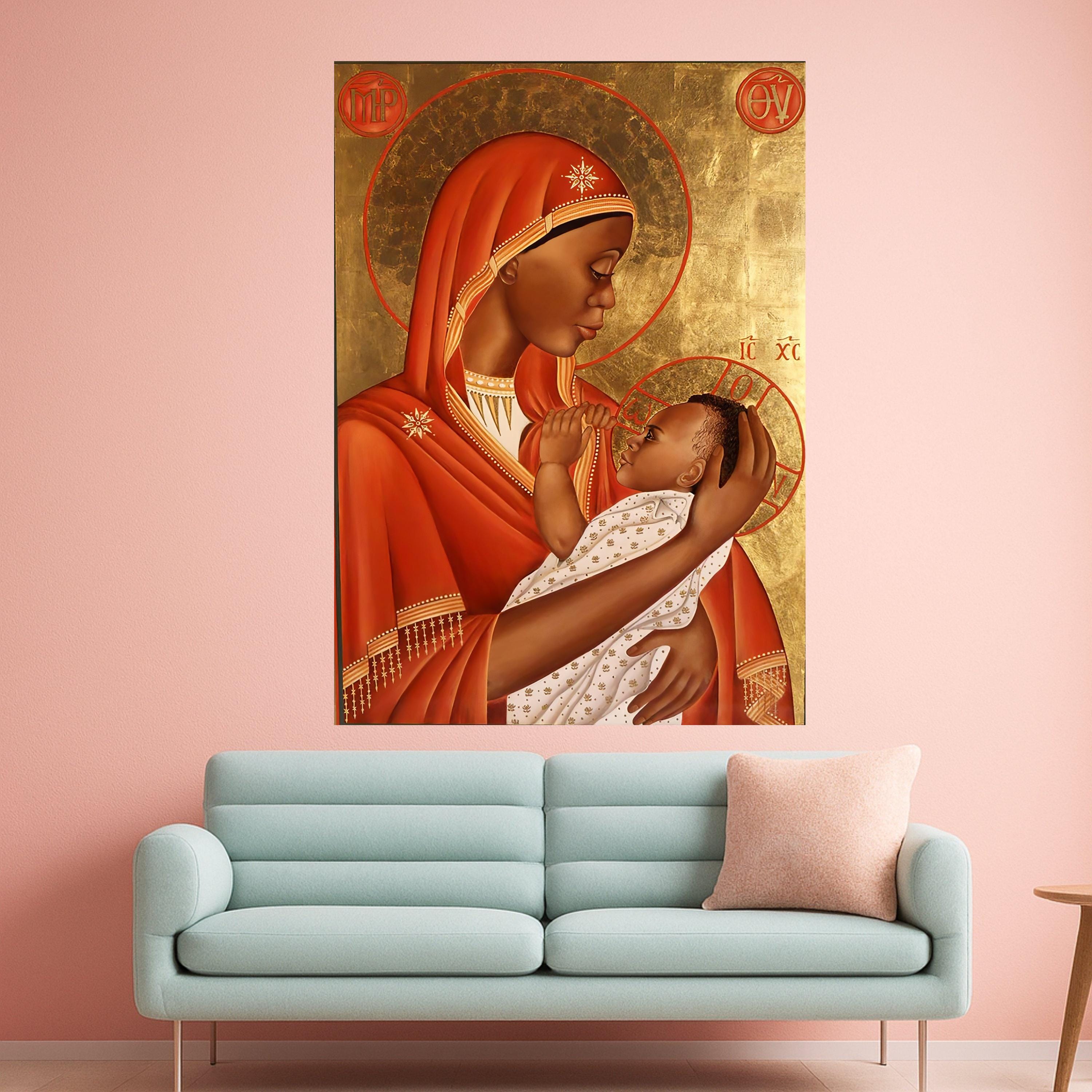 African Madonna and Child Canvas Wall Art, Religious Icon Painting, Sacred Mother and Baby Canvas, Spiritual Home Decor, Warm Ready To Hang,