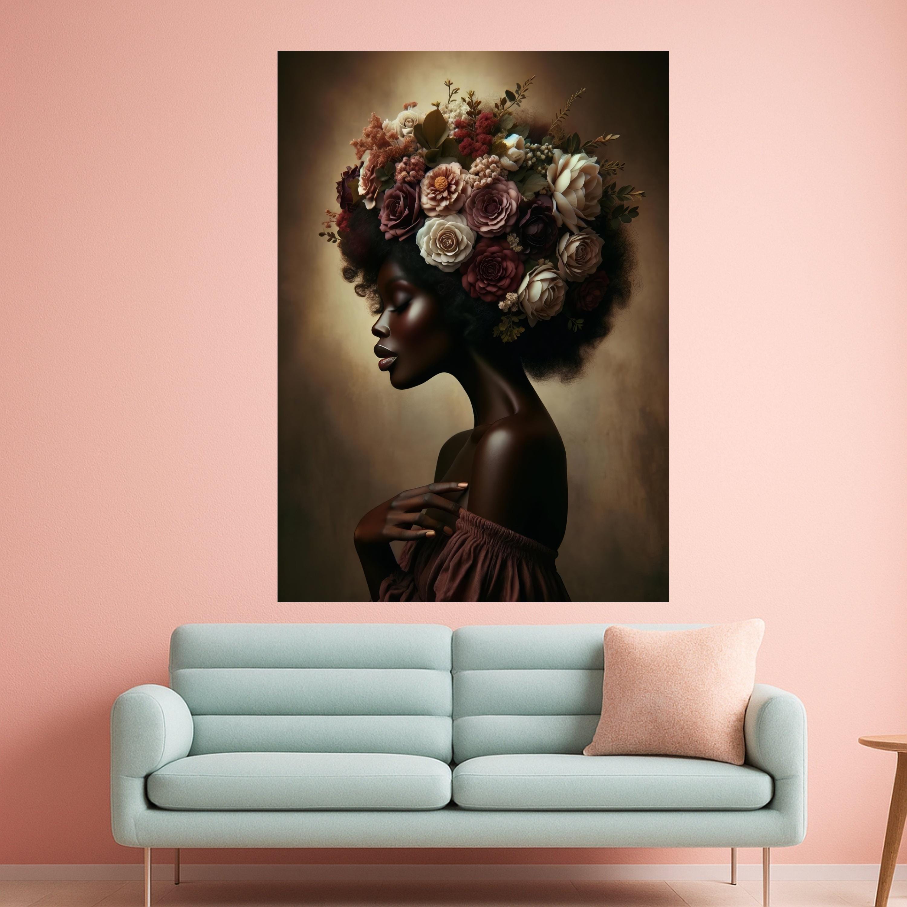 Elegant African Woman Portrait Canvas, Floral Afro Hair Art, Feminine Beauty Wall Decor, Botanical Canvas Art, Modern Home Ready To Hang,