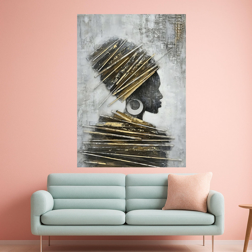 Elegant African Woman Profile Canvas, Wall Art, Modern Ethnic Portrait, Gold and Gray Home Decor, Contemporary Canvas Art Ready To Hang,