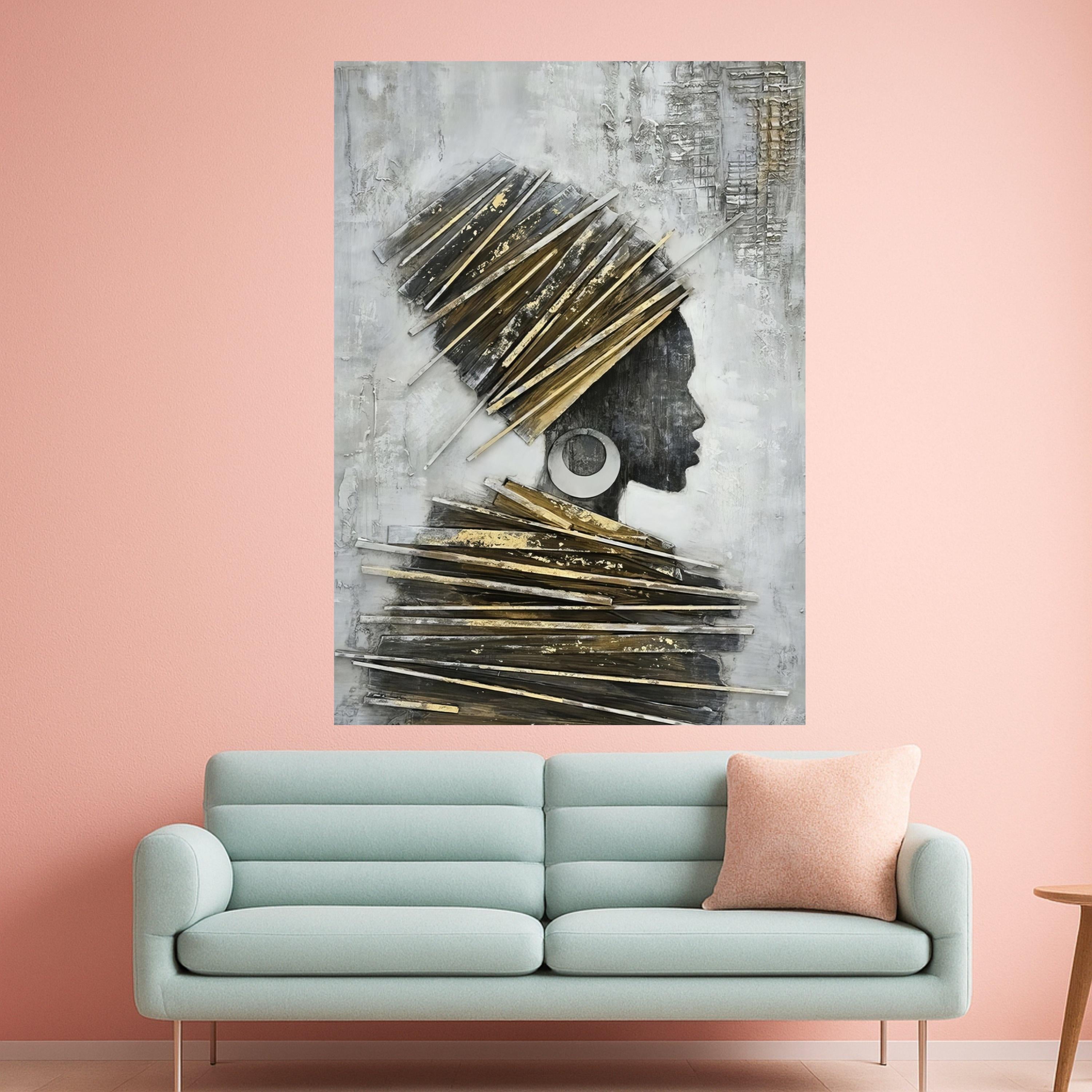 Elegant African Woman Profile Canvas, Wall Art, Modern Ethnic Portrait, Gold and Gray Home Decor, Contemporary Canvas Art Ready To Hang,