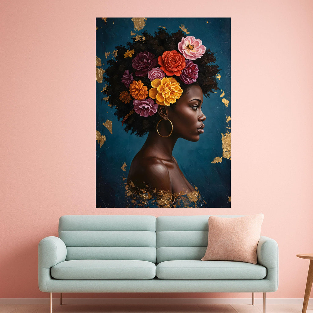 Elegant African Woman Portrait Canvas, Floral Hair Design Wall Art, Modern Figurative Painting, Ethnic Home Decor, Ready to Ready To Hang,