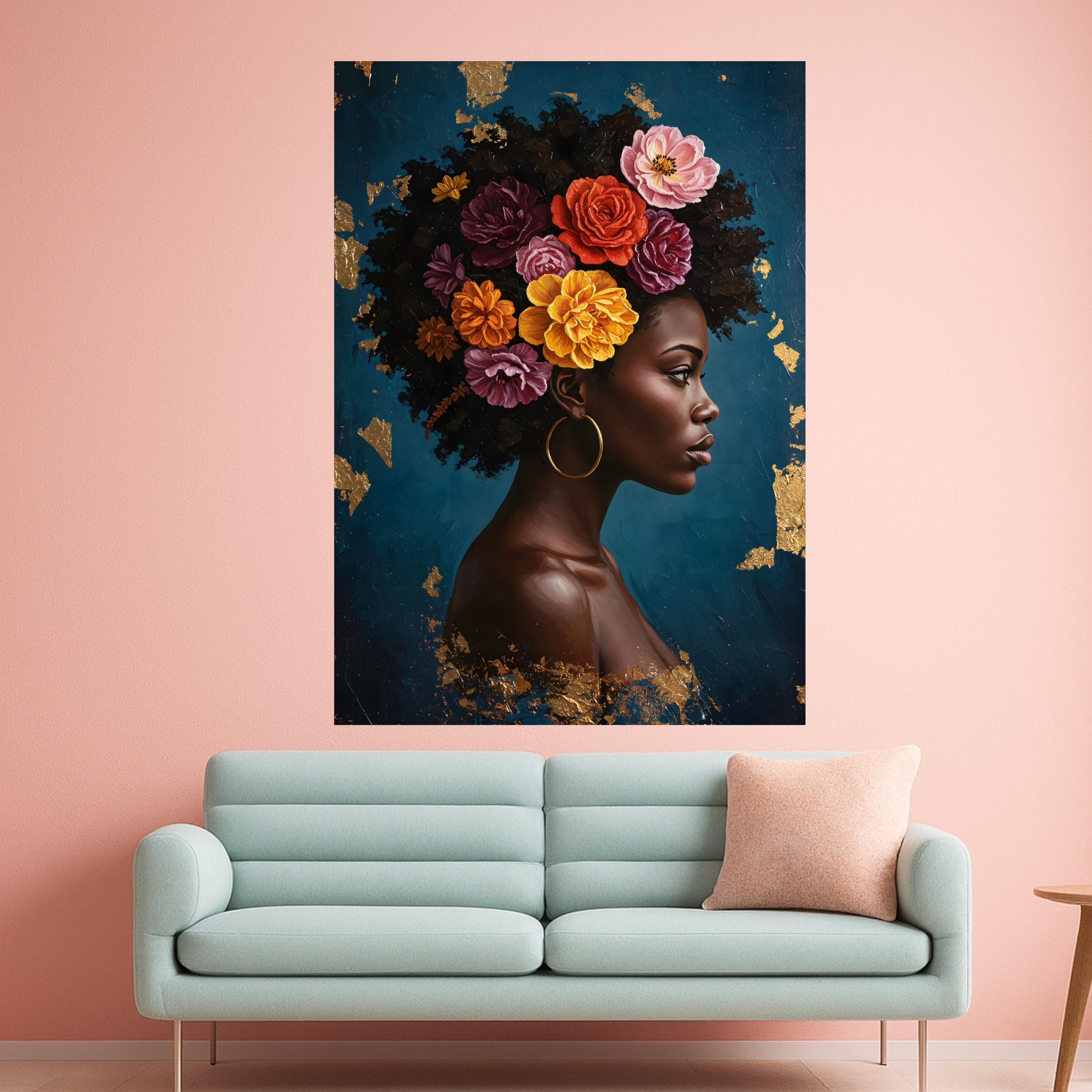 Elegant African Woman Portrait Canvas, Floral Hair Design Wall Art, Modern Figurative Painting, Ethnic Home Decor, Ready to Ready To Hang,