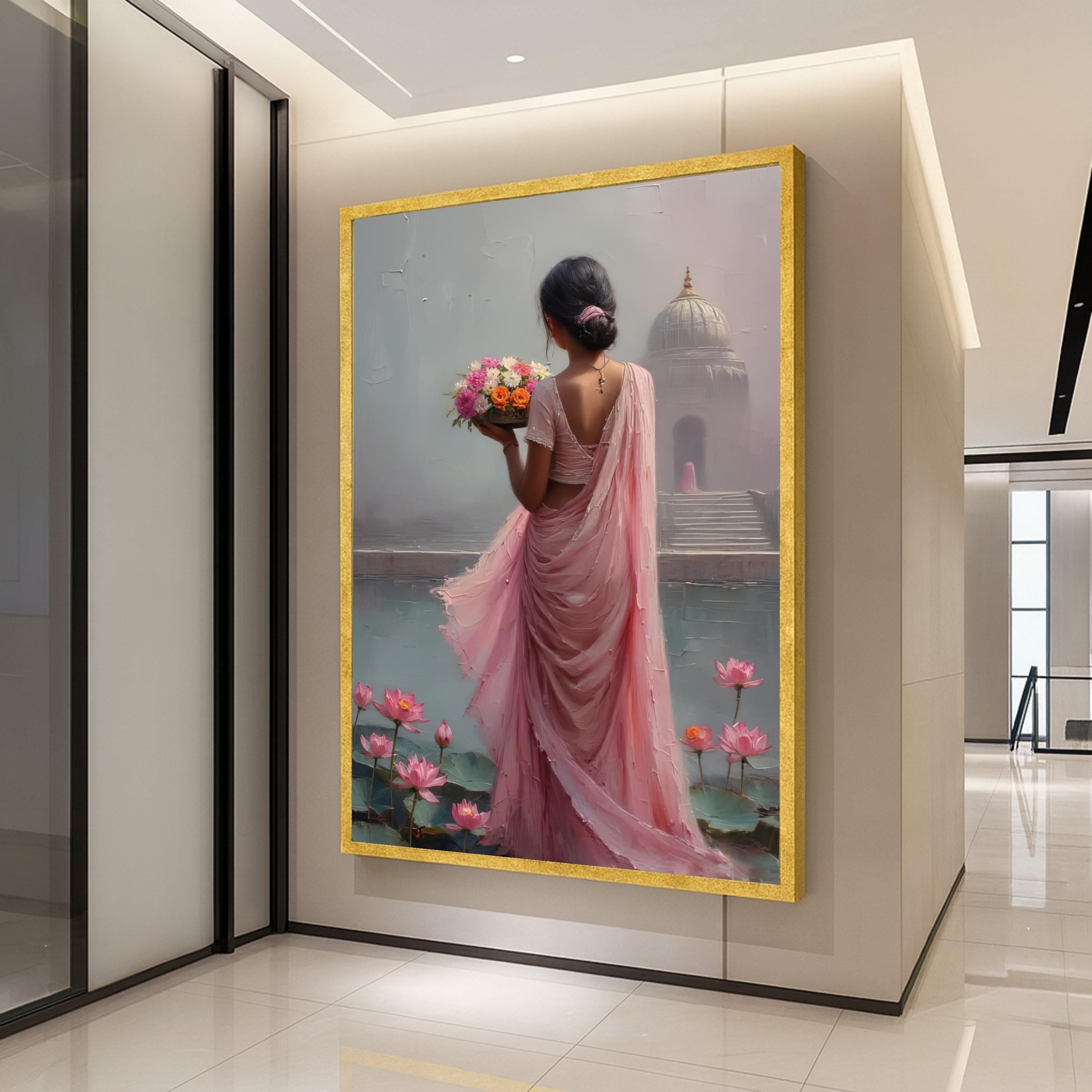 Graceful Woman in Pink Saree, Floral Bouquet Canvas, Lotus Pond Wall Art, Indian Culture Art, Serene Home Decoration Canvas Ready To Hang,