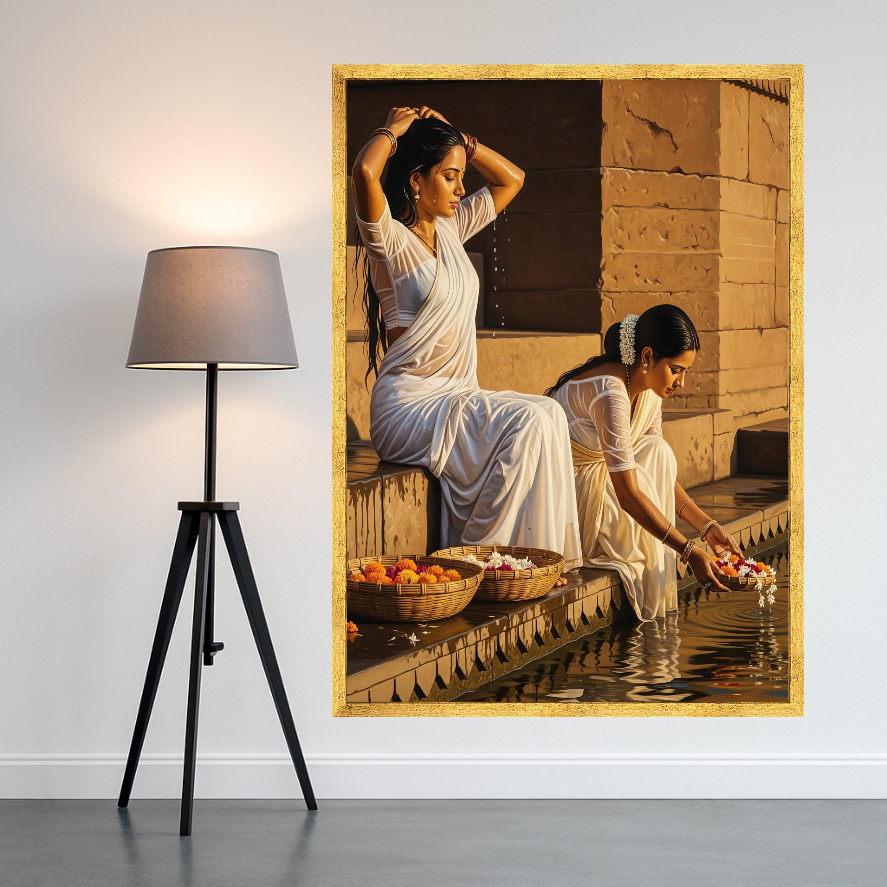 Traditional Indian Women in White Sarees, Spiritual Water Ritual Canvas, Ethnic Cultural Art, Floral Basket Decoration, Home Ready To Hang,