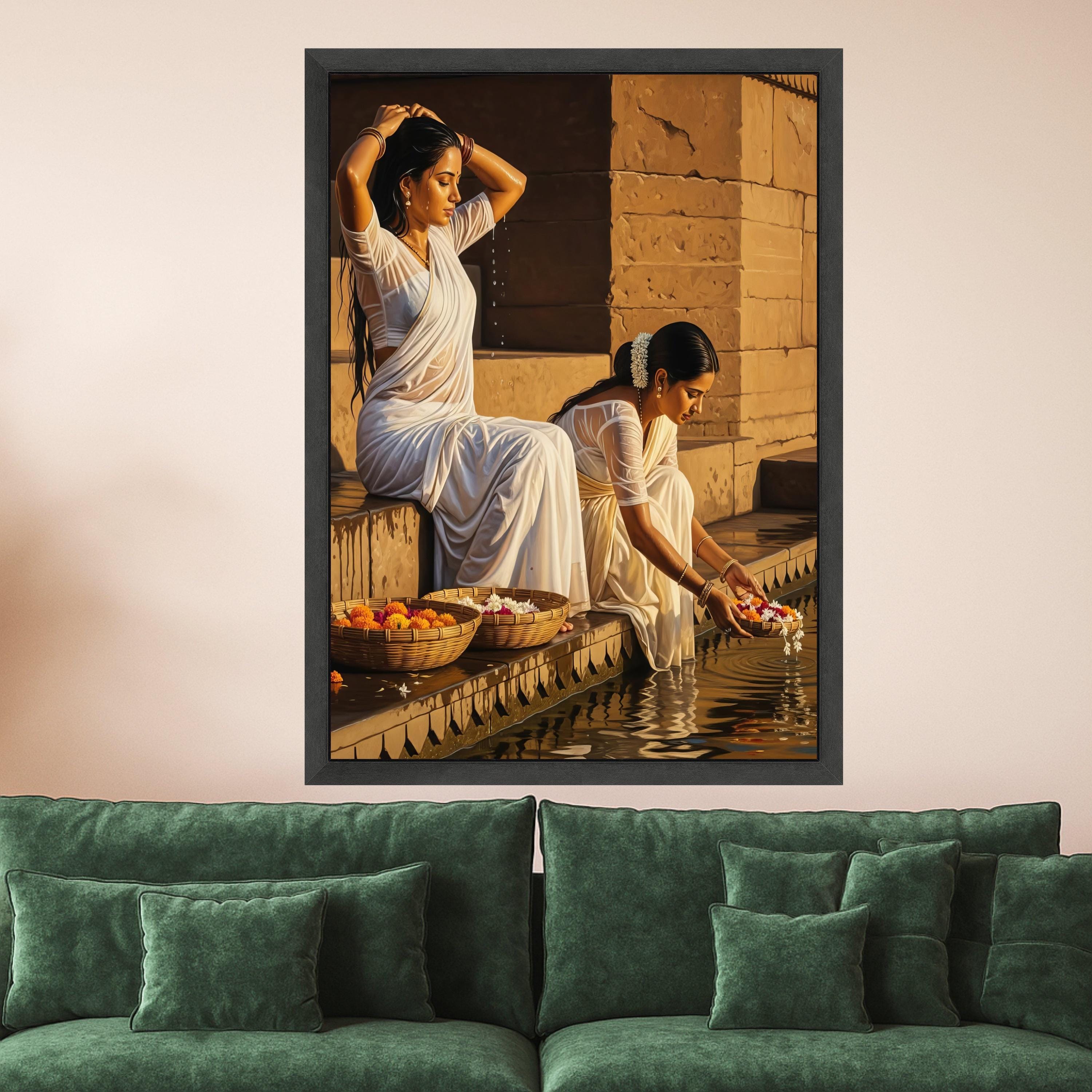 Traditional Indian Women in White Sarees, Spiritual Water Ritual Canvas, Ethnic Cultural Art, Floral Basket Decoration, Home Ready To Hang,