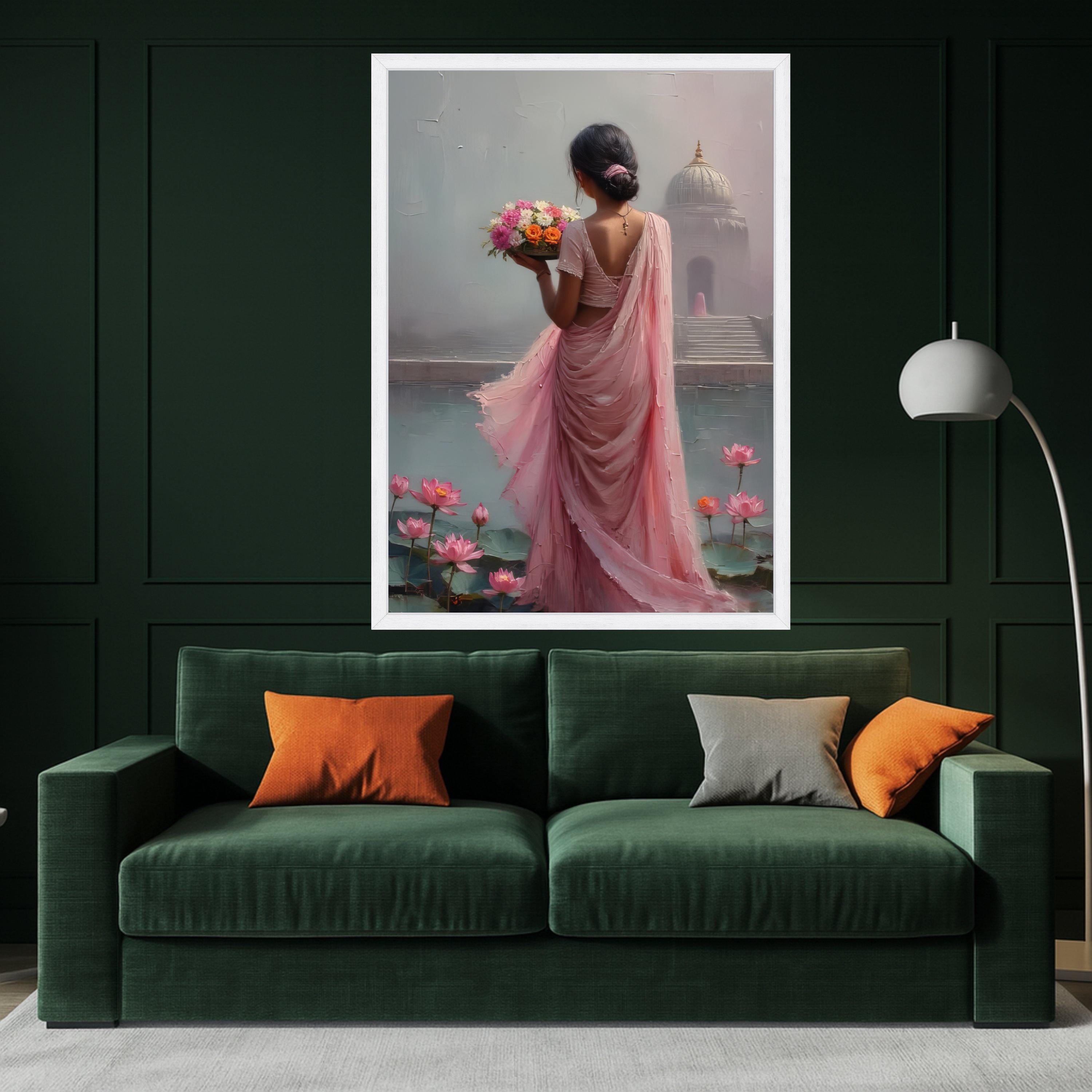 Graceful Woman in Pink Saree, Floral Bouquet Canvas, Lotus Pond Wall Art, Indian Culture Art, Serene Home Decoration Canvas Ready To Hang,