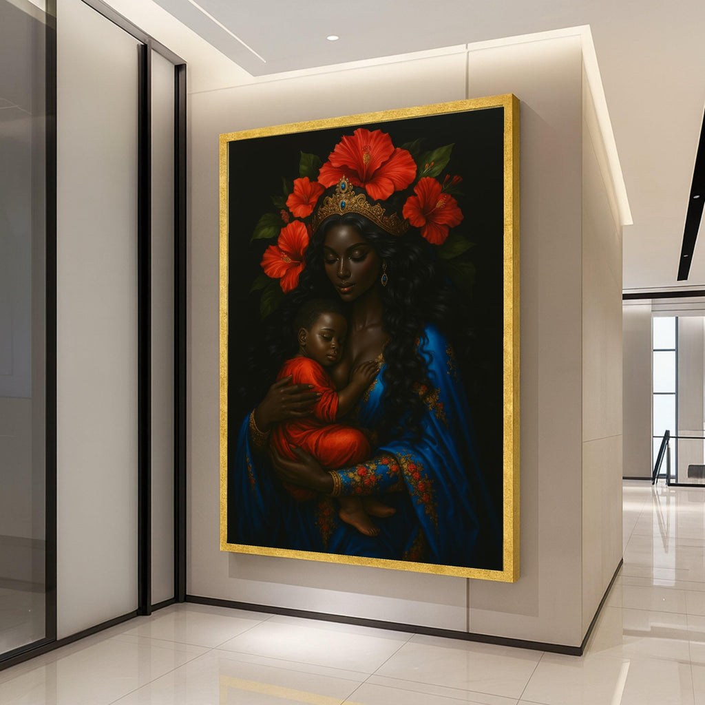 Royal Mother and Child Canvas, African Queen Wall Art, Motherhood Portrait Canvas, Floral Crown Decor, Blue and Red Canvas Ready To Hang,
