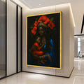 Royal Mother and Child Canvas, African Queen Wall Art, Motherhood Portrait Canvas, Floral Crown Decor, Blue and Red Canvas Ready To Hang,