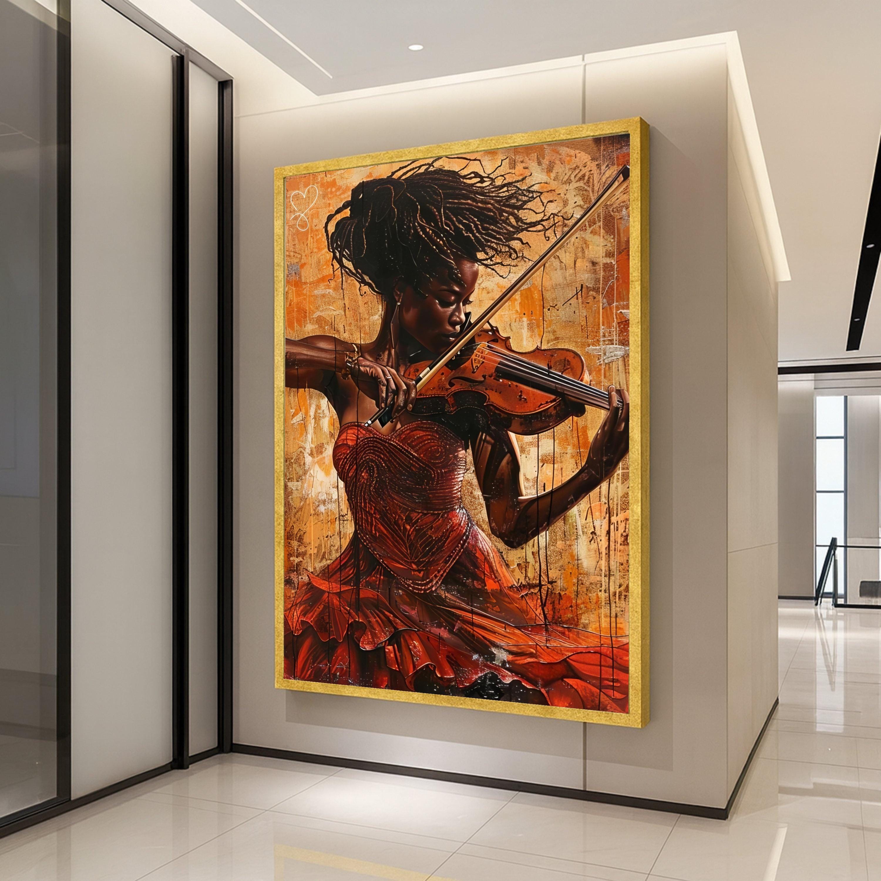 Elegant Violinist Woman Canvas, Musical Instrument Wall Art, African Art Portrait Canvas, Red Dress Decorative Art, Home Ready To Hang,