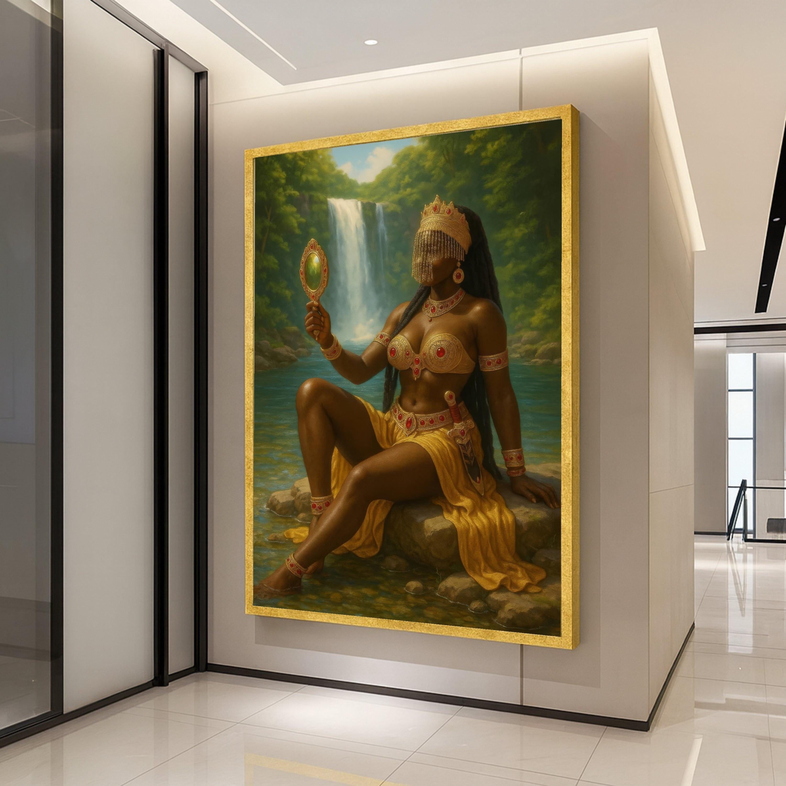Regal African Queen with Waterfall Canvas, Tribal Goddess Wall Art, Fantasy Portrait Canvas, Exotic Nature Scene, Ornate Ready To Hang,