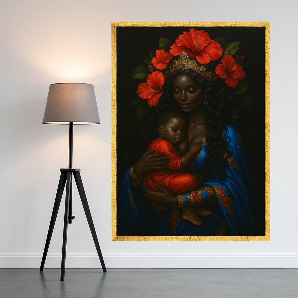 Royal Mother and Child Canvas, African Queen Wall Art, Motherhood Portrait Canvas, Floral Crown Decor, Blue and Red Canvas Ready To Hang,